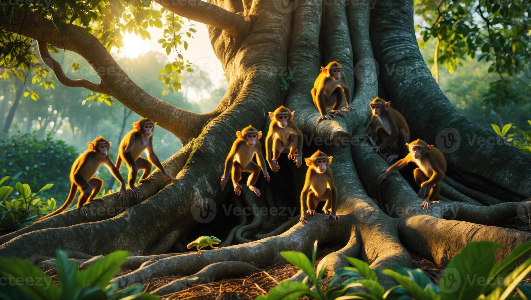 Group of monkeys playfully interacting around a large tree in a vibrant forest setting photo