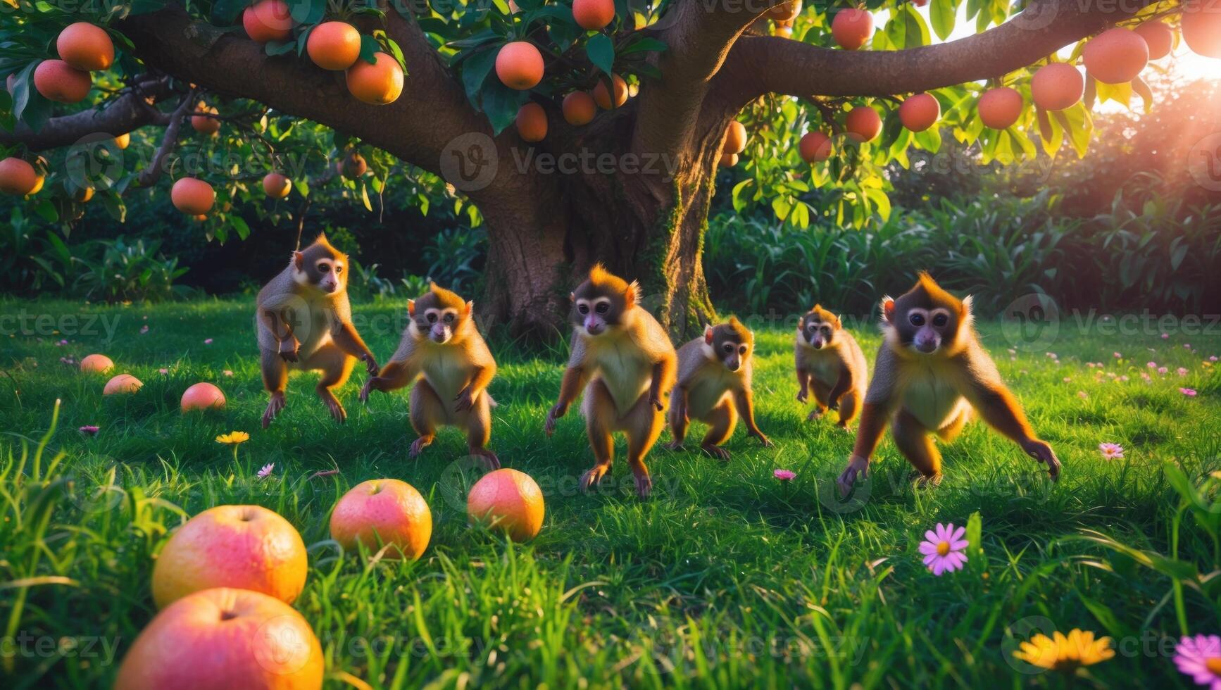 Playful monkeys gather under a fruit-laden tree in a vibrant orchard during sunset photo