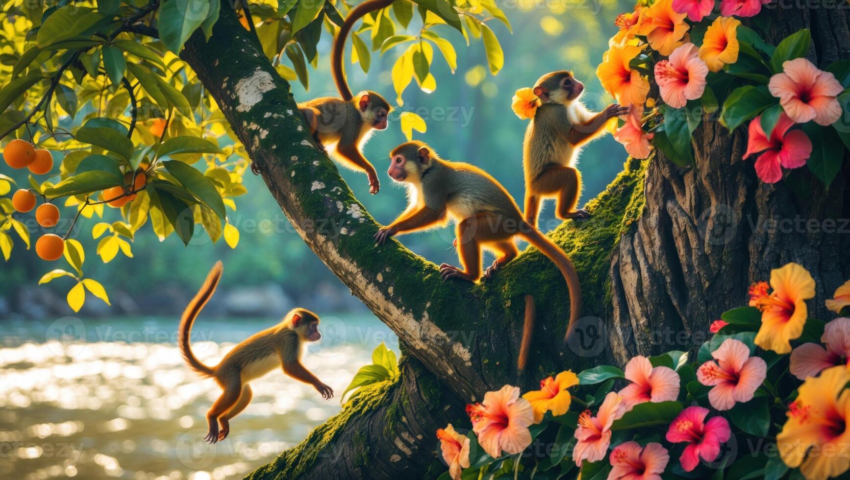 Playful monkeys climbing a vibrant tree adorned with colorful flowers by a serene riverbank photo