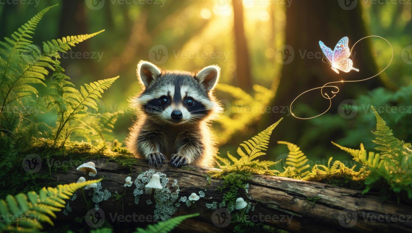 Adorable raccoon peeking over a log in a sunlit forest, with a butterfly fluttering nearby photo