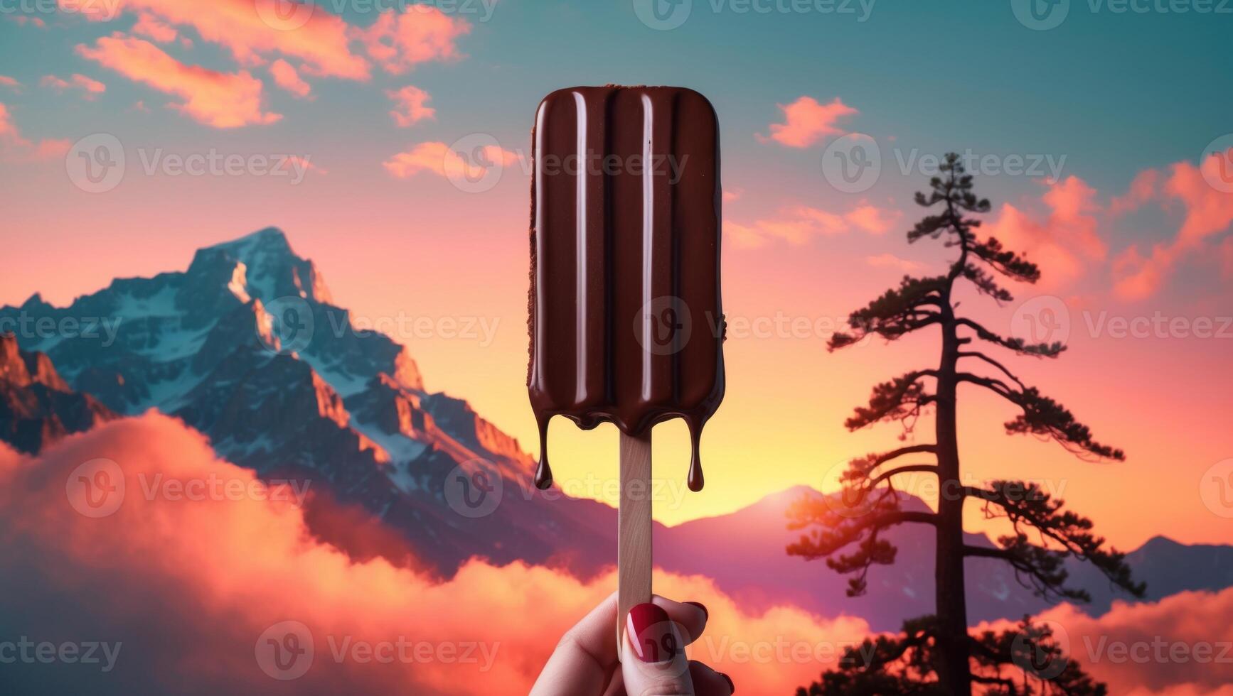 A hand holding a chocolate-covered popsicle against a stunning mountain sunset with clouds photo