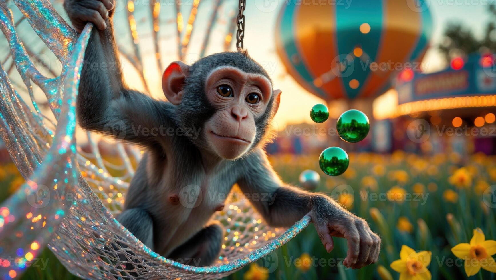 Playful monkey hanging in a colorful net with bubbles, set in a vibrant flower field near a fairground photo