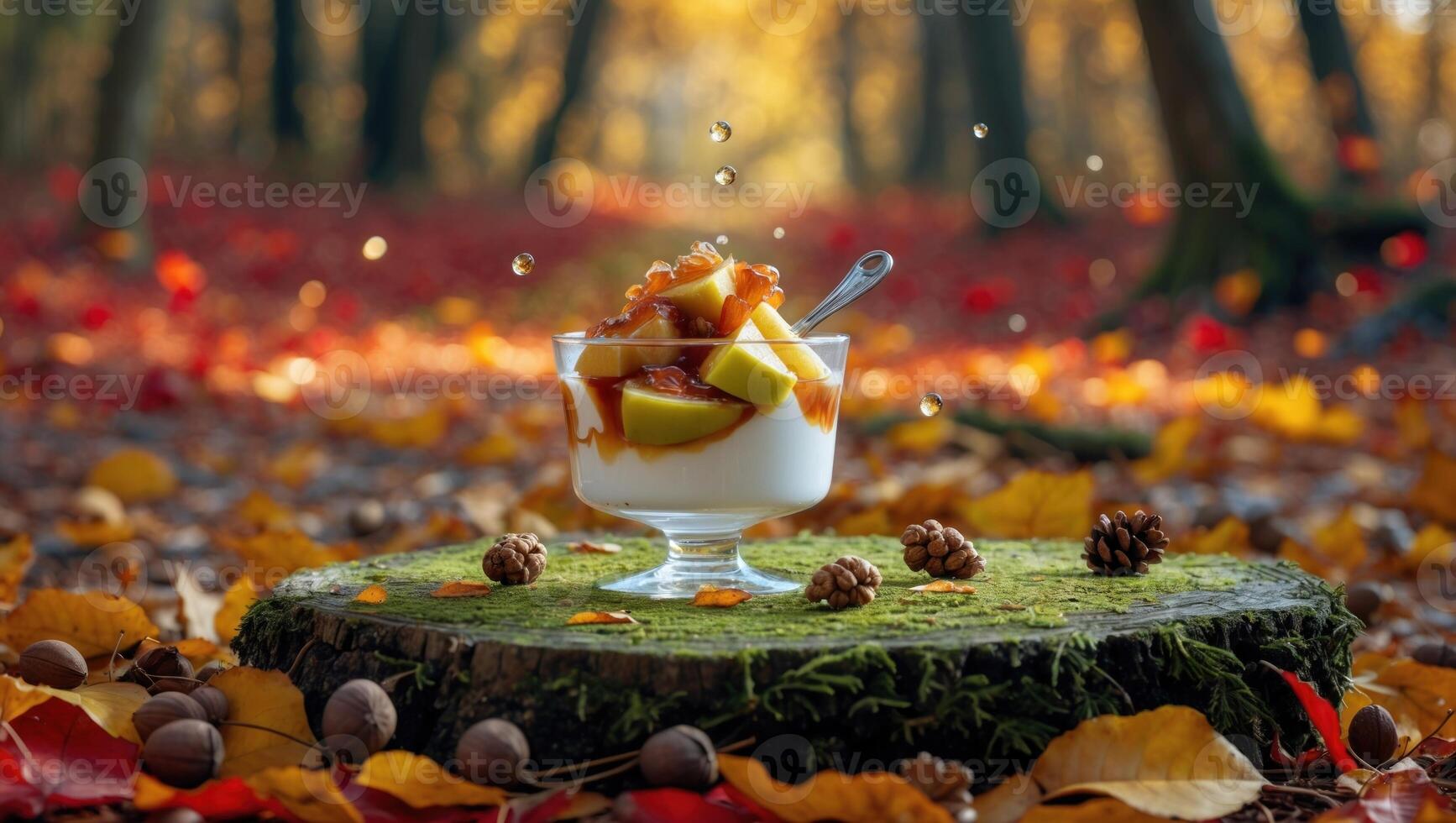 Fresh fruit yogurt parfait on a mossy stump in a vibrant autumn forest with falling leaves photo