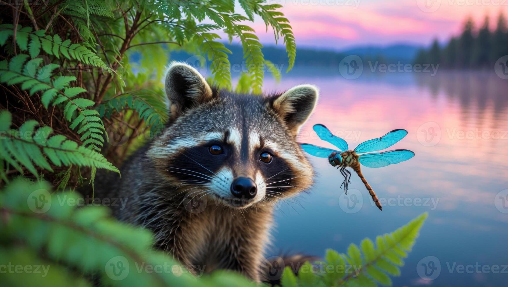 A raccoon curiously gazes at a vibrant blue dragonfly near a serene lake surrounded by lush ferns at sunset photo