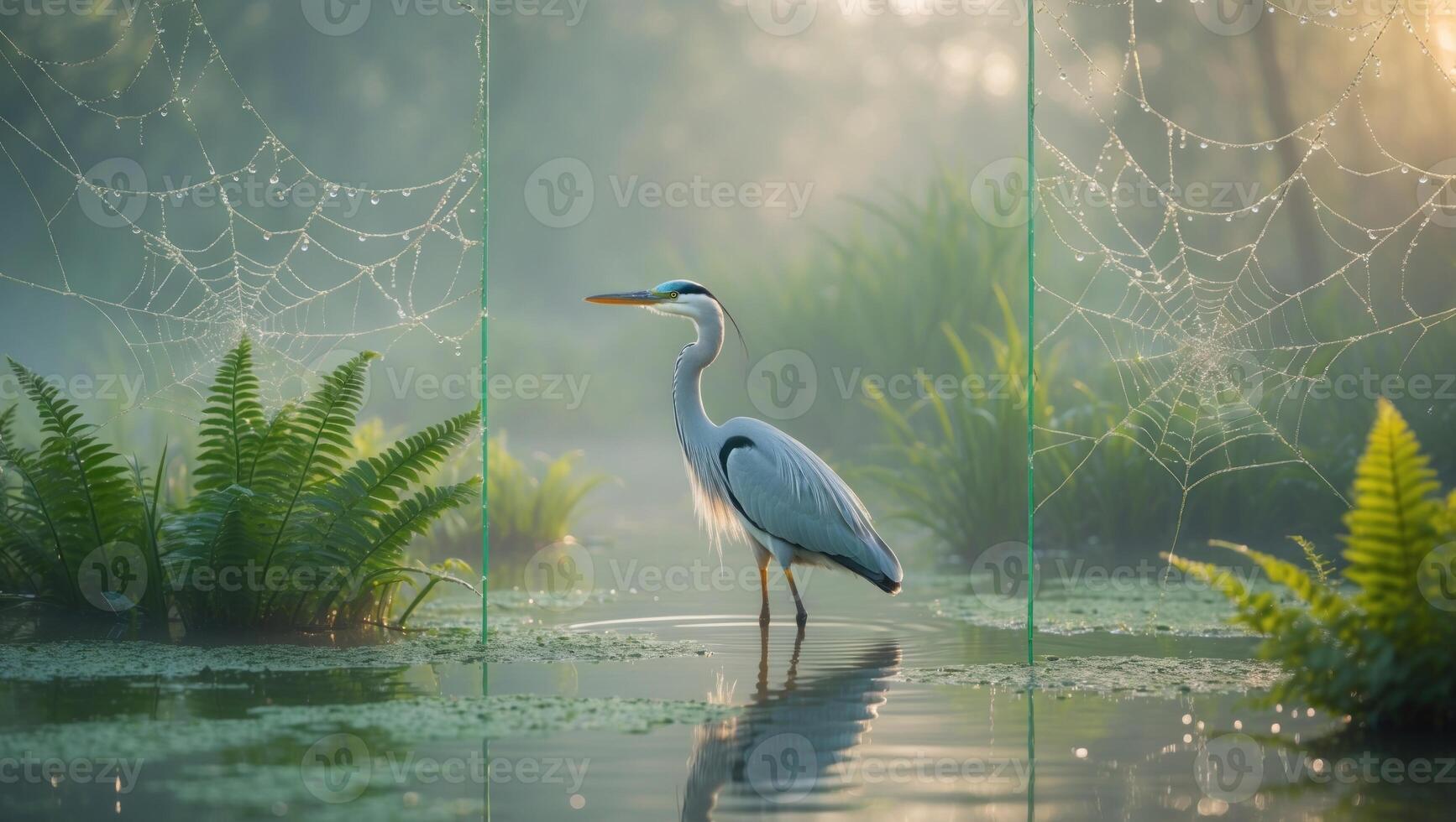Serene heron standing gracefully in a misty wetland surrounded by lush ferns and intricate spider webs photo