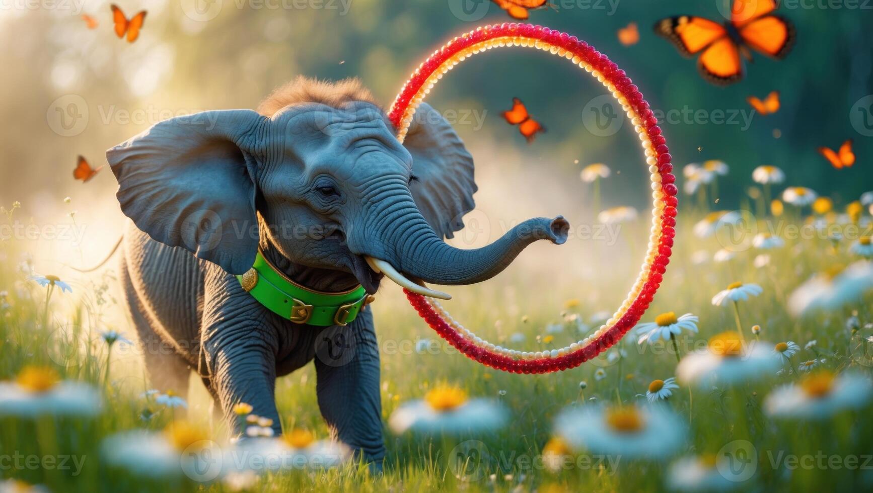 Playful baby elephant joyfully jumping through a colorful hoop in a vibrant, flower-filled meadow with butterflies photo