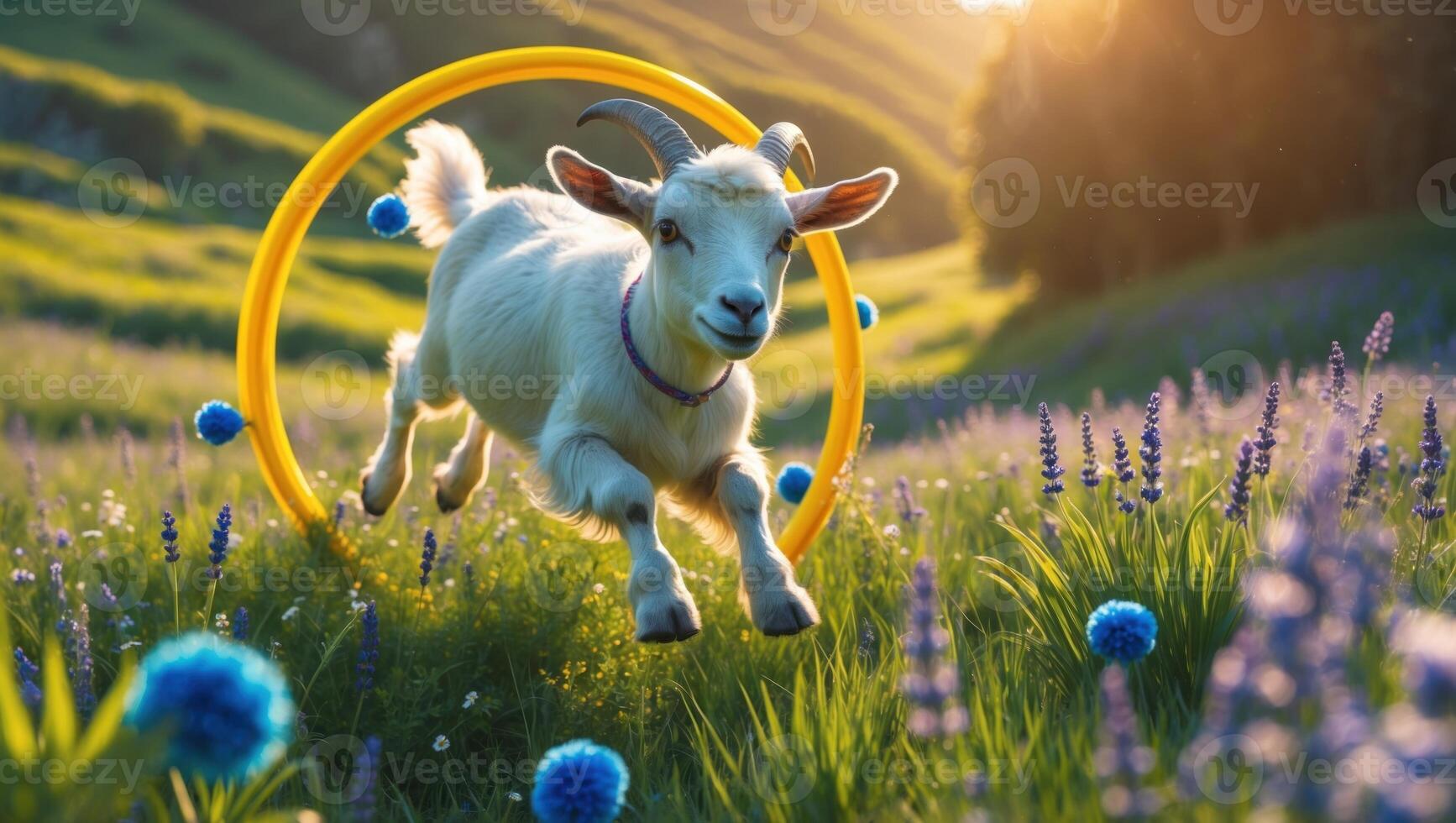 Playful goat jumping through a colorful hoop in a vibrant meadow filled with flowers at sunset photo