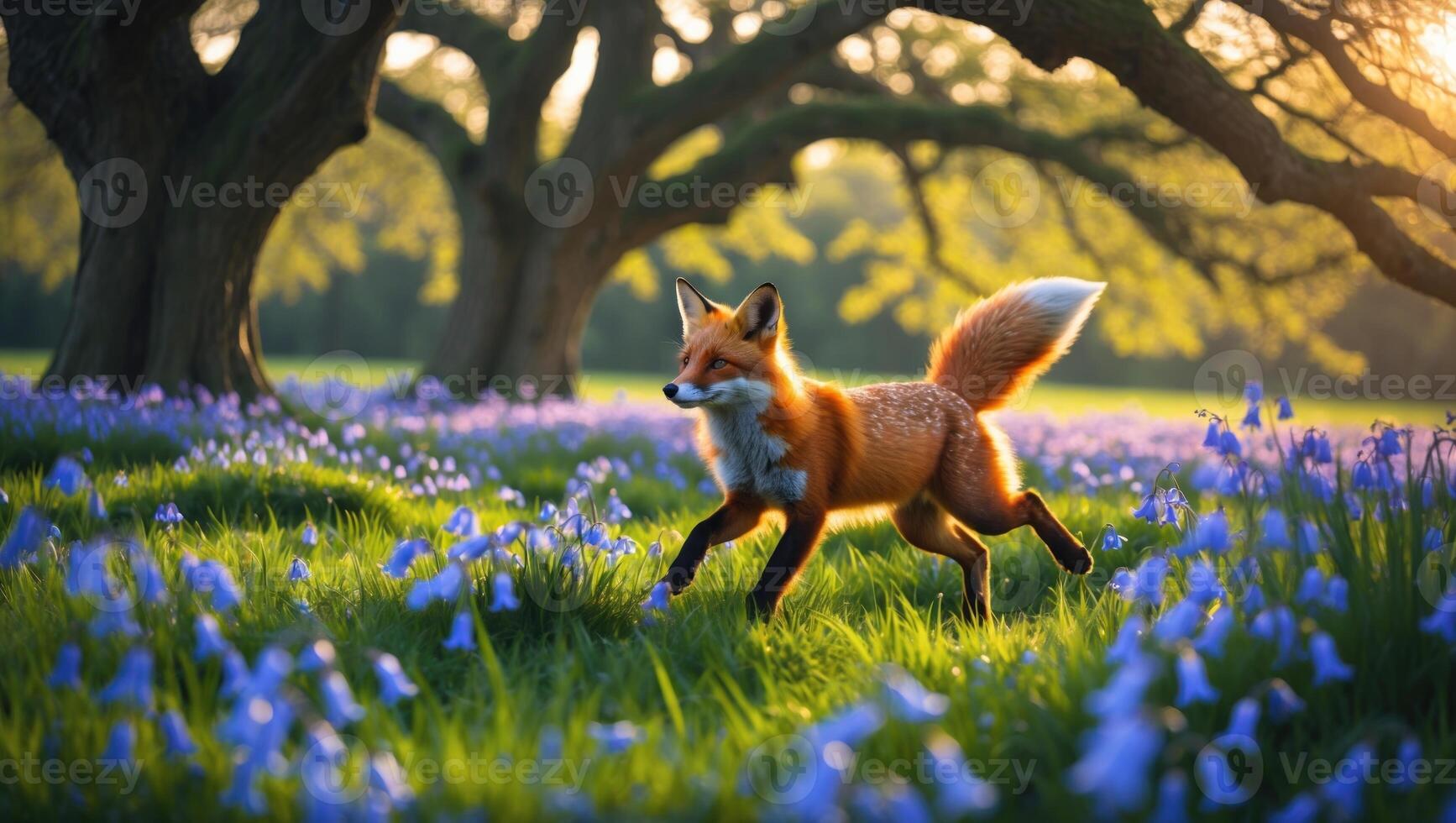 A lively fox gracefully runs through a vibrant field of bluebells under a golden sunset photo