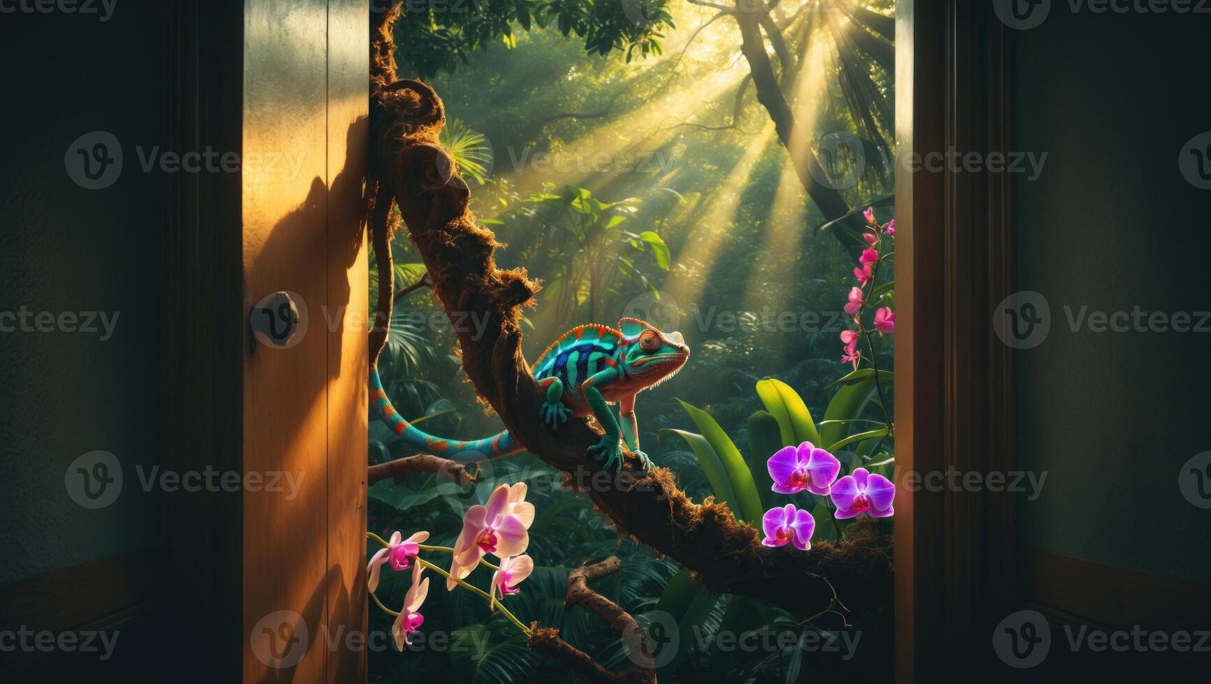 A vibrant chameleon perched on a branch surrounded by colorful orchids in a sunlit forest doorway photo