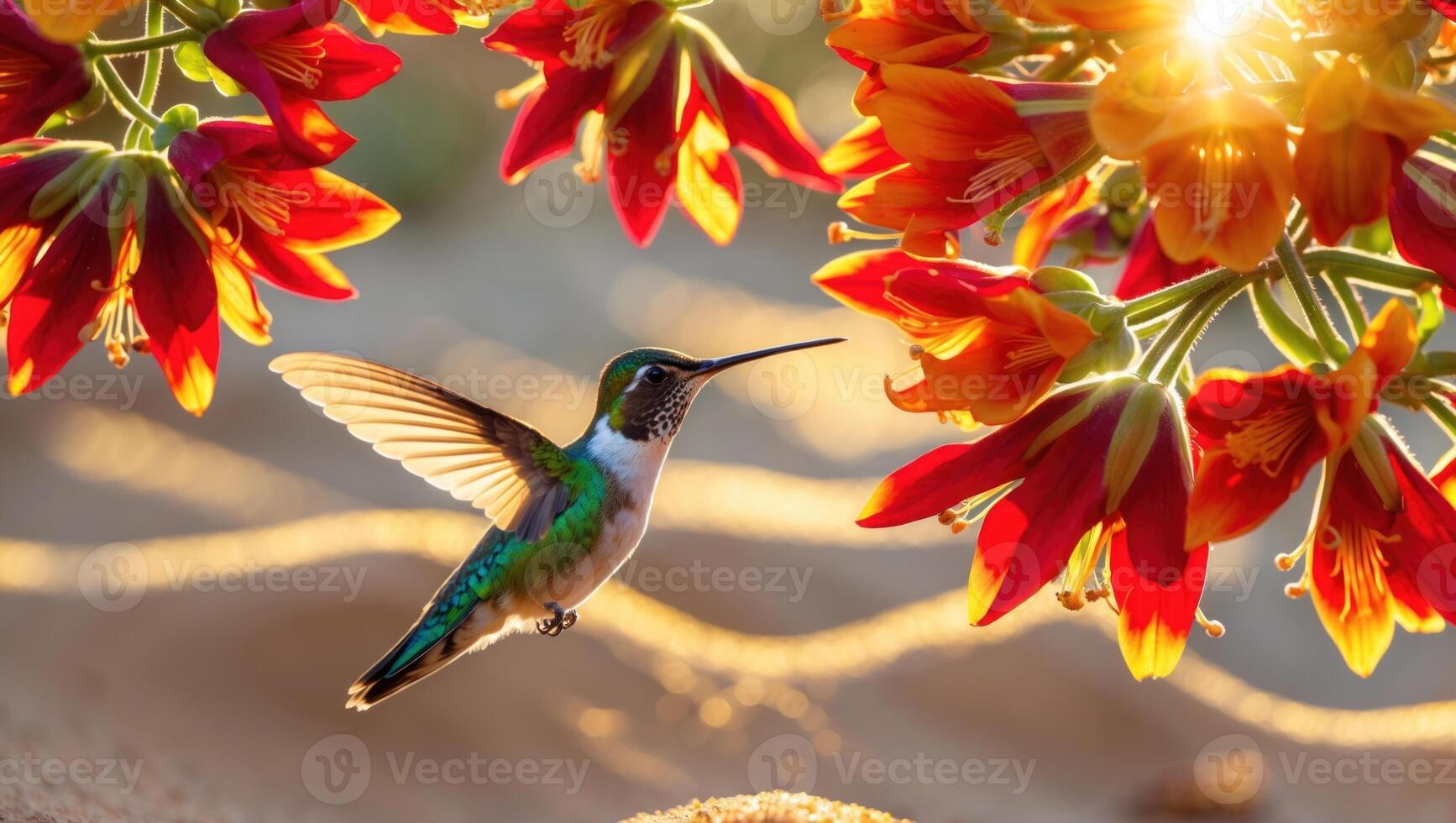 A vibrant hummingbird hovering near bright red and orange flowers, illuminated by golden sunlight photo