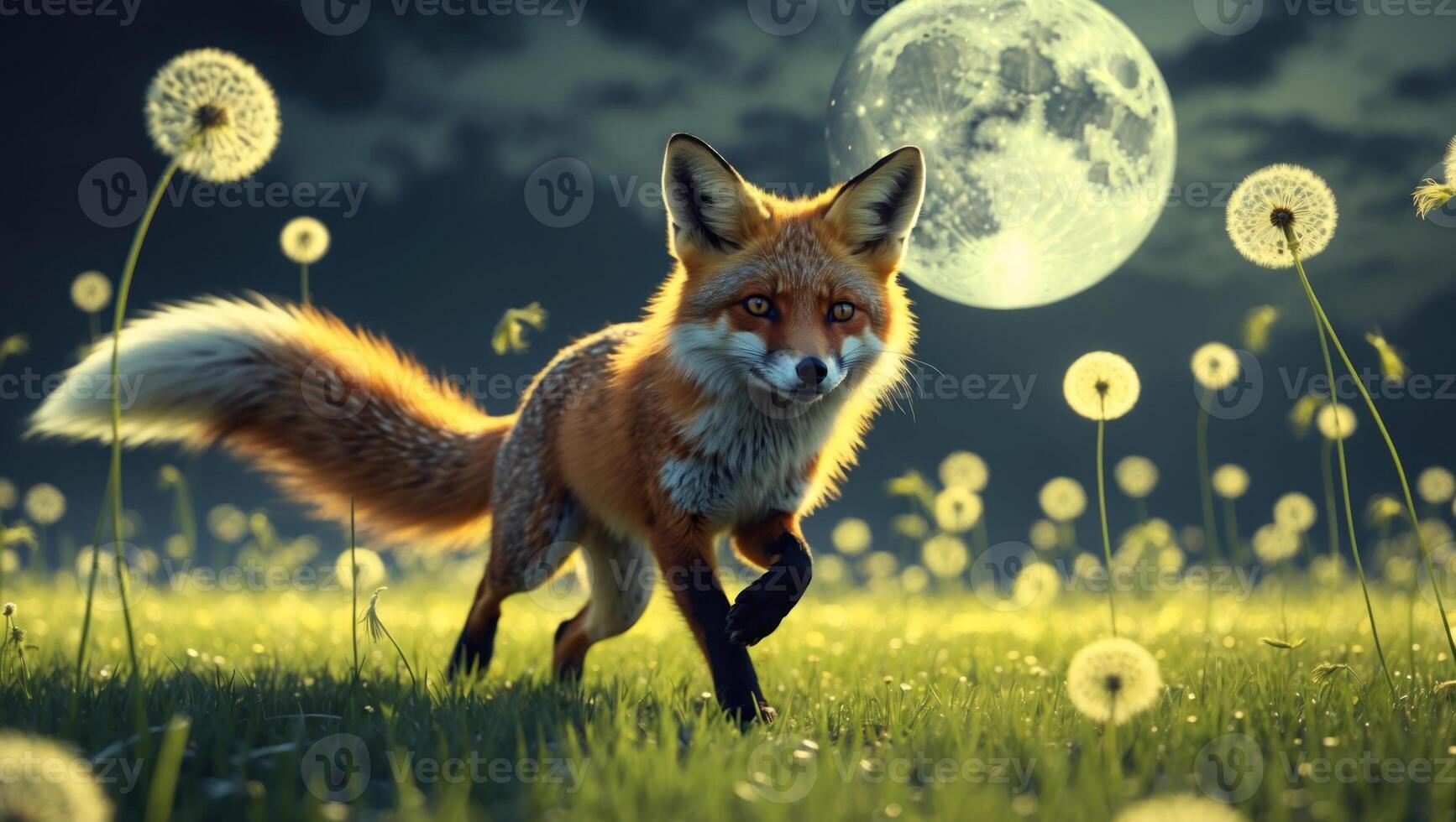 A fox gracefully runs through a field of dandelions under a full moon, creating a serene atmosphere photo