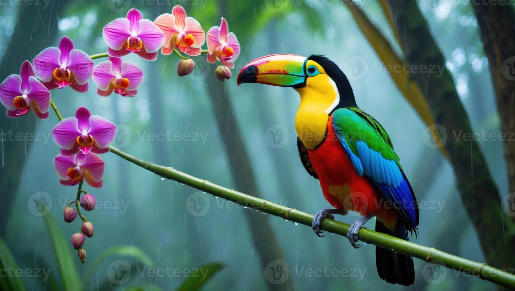 Vibrant toucan perched on a branch surrounded by colorful orchids in a lush rainforest setting photo