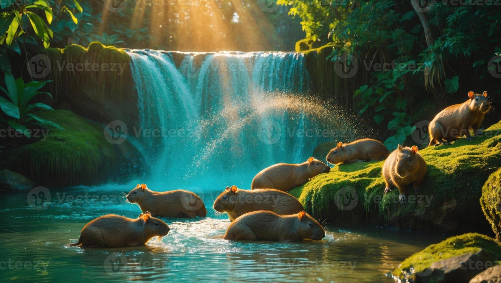 Serene Scene of Capybaras Relaxing in a Tranquil Waterfall Setting Surrounded by Lush Greenery photo