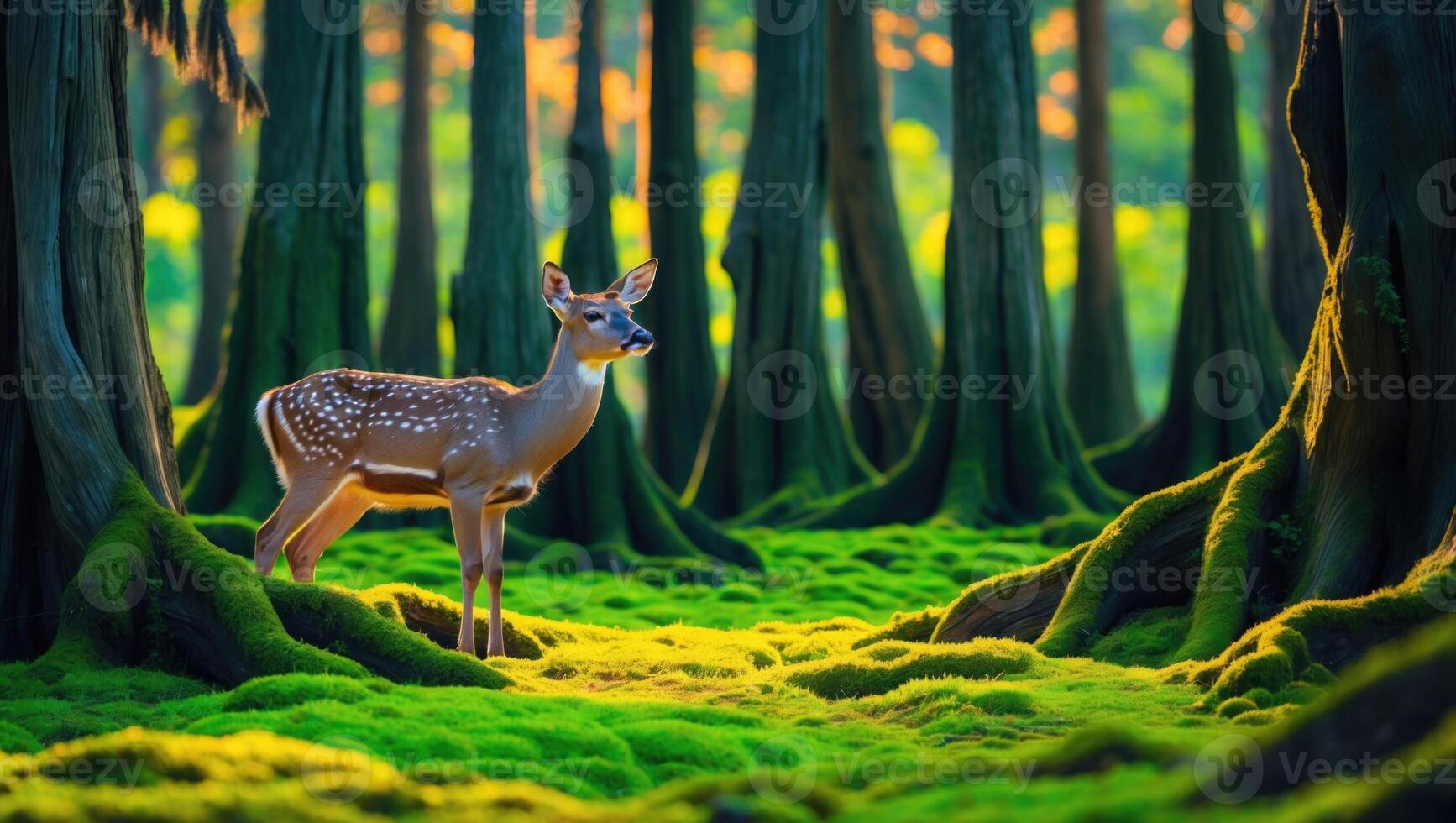 A serene young deer stands gracefully amidst a lush green forest, illuminated by soft sunlight filtering through the trees, creating a tranquil atmosphere perfect for nature photography photo