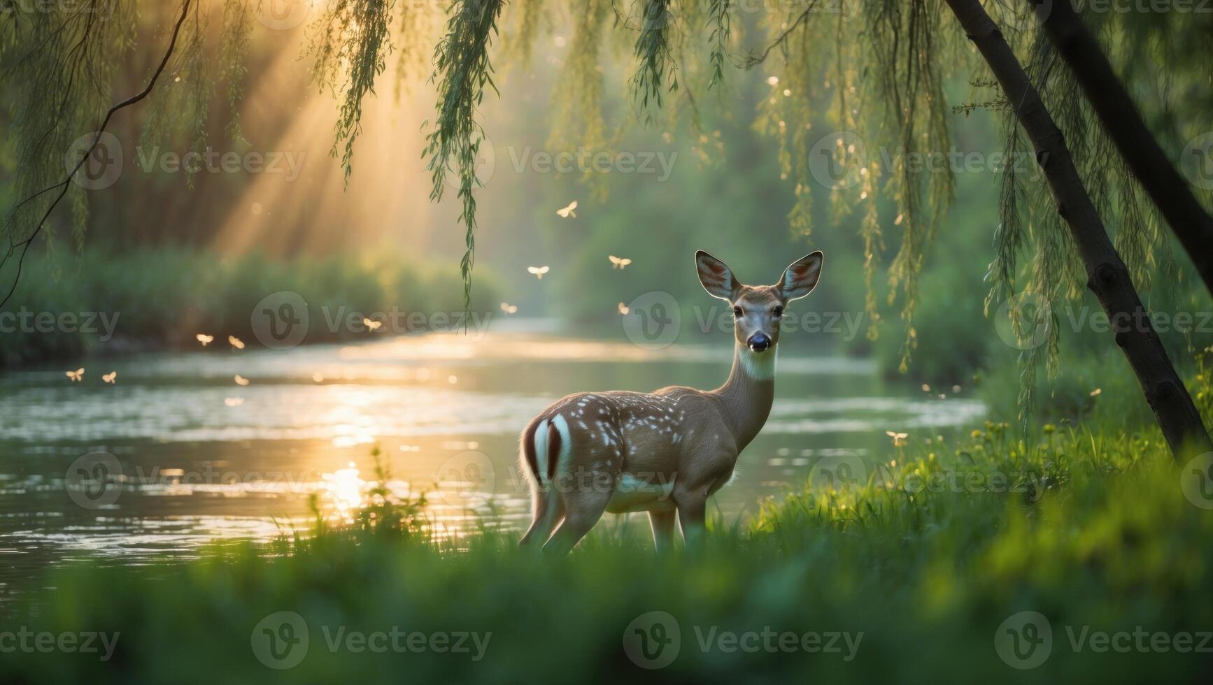 Serene fawn standing by a tranquil river at sunrise, surrounded by lush greenery and soft light photo