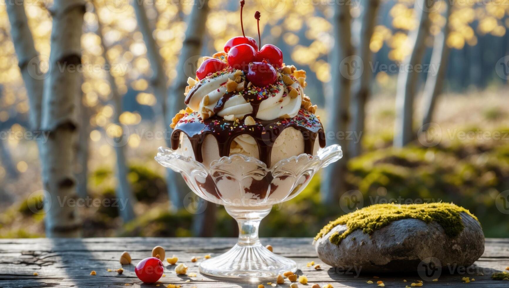 Delicious ice cream sundae topped with cherries and nuts, set on a wooden table in a vibrant forest photo