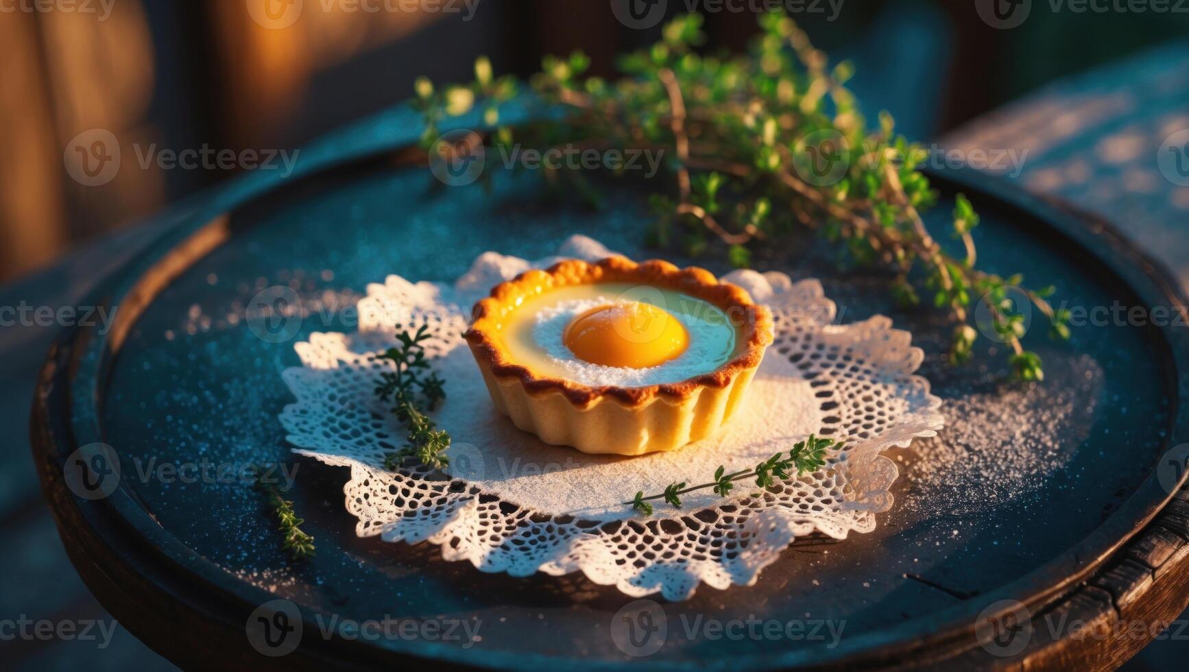 Delicious tart with an egg yolk on a lace doily, surrounded by herbs, set in a cozy outdoor setting photo