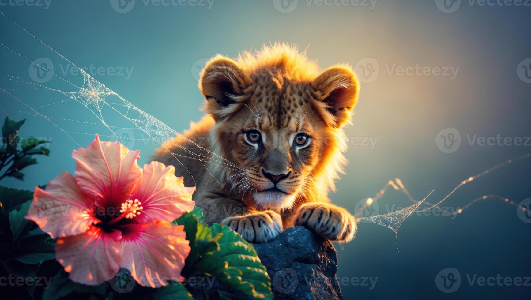 Young lion cub resting on a rock surrounded by vibrant flowers, with soft light creating a serene mood photo