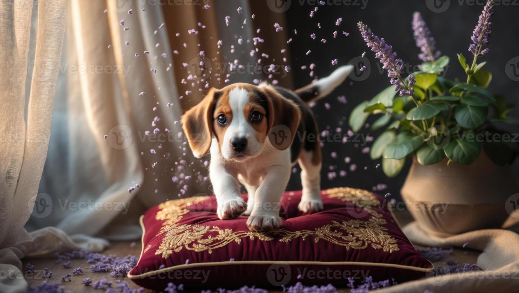 Playful beagle puppy joyfully leaps onto an ornate cushion surrounded by lavender petals indoors photo