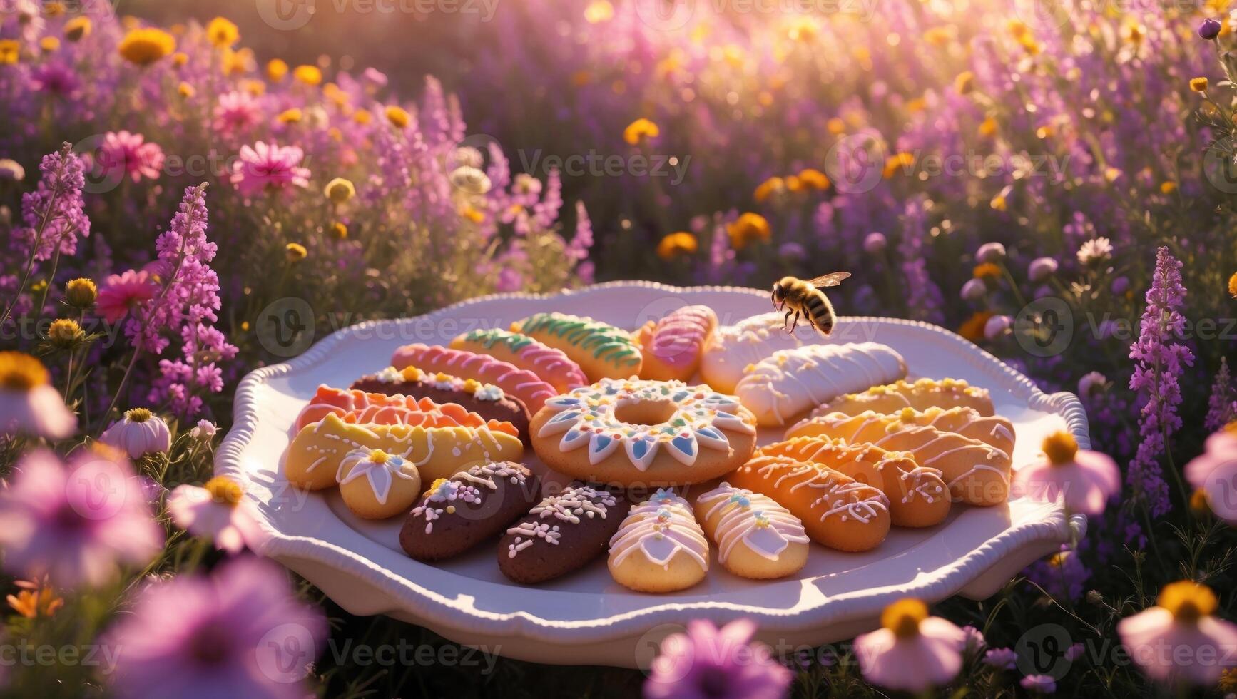 Colorful decorative cookies arranged on a plate amidst a vibrant flower field during sunset photo