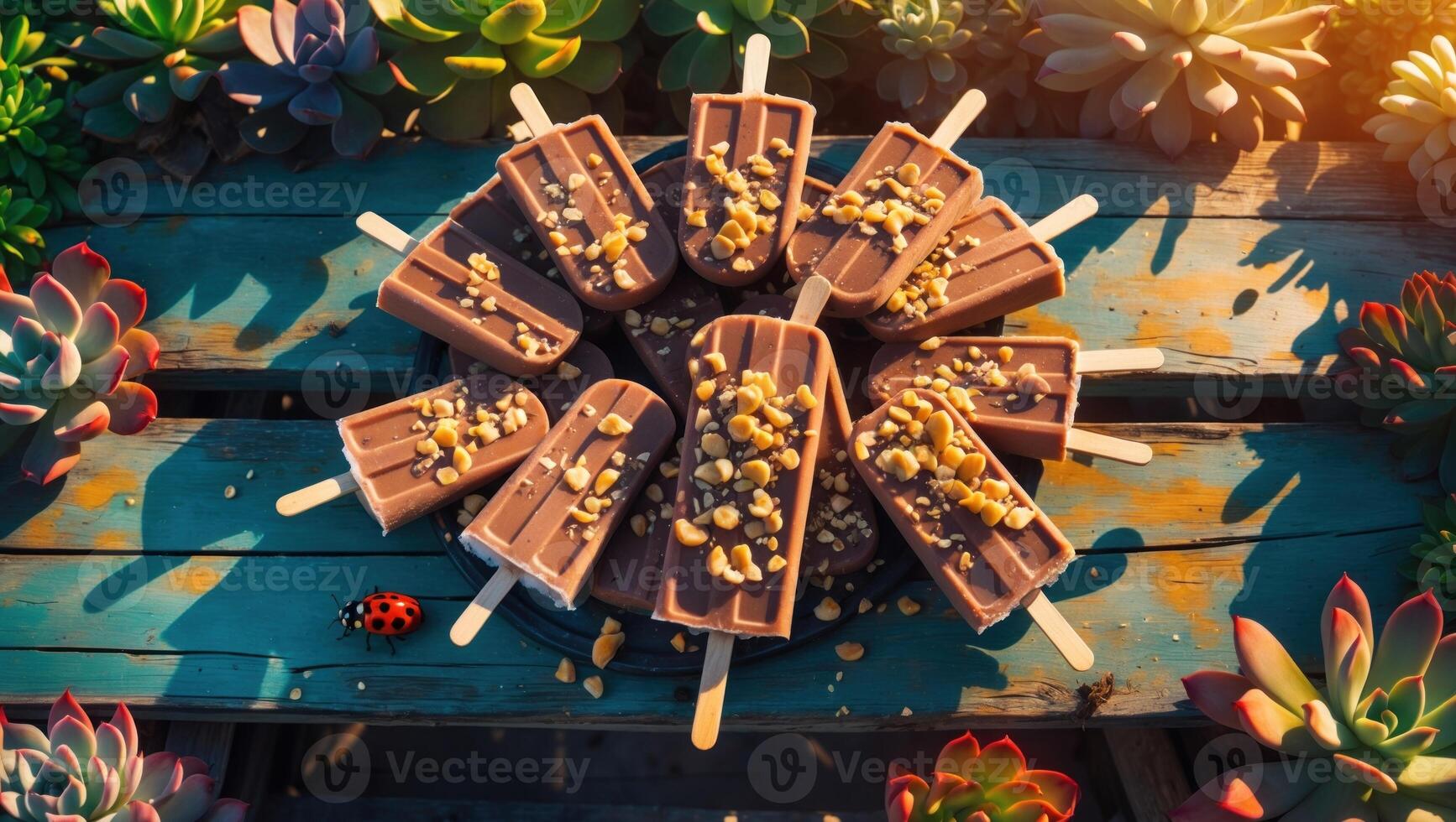 A vibrant arrangement of chocolate popsicles topped with nuts on a wooden table surrounded by succulents photo