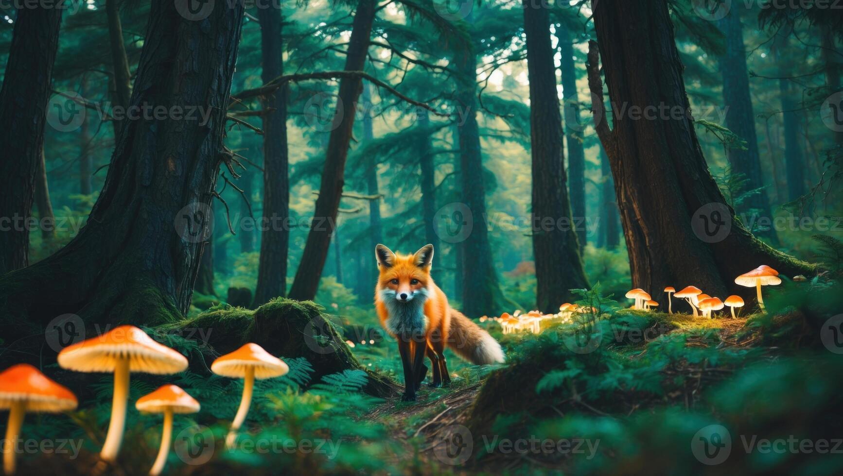 A curious fox wandering through a lush forest filled with vibrant mushrooms and greenery photo