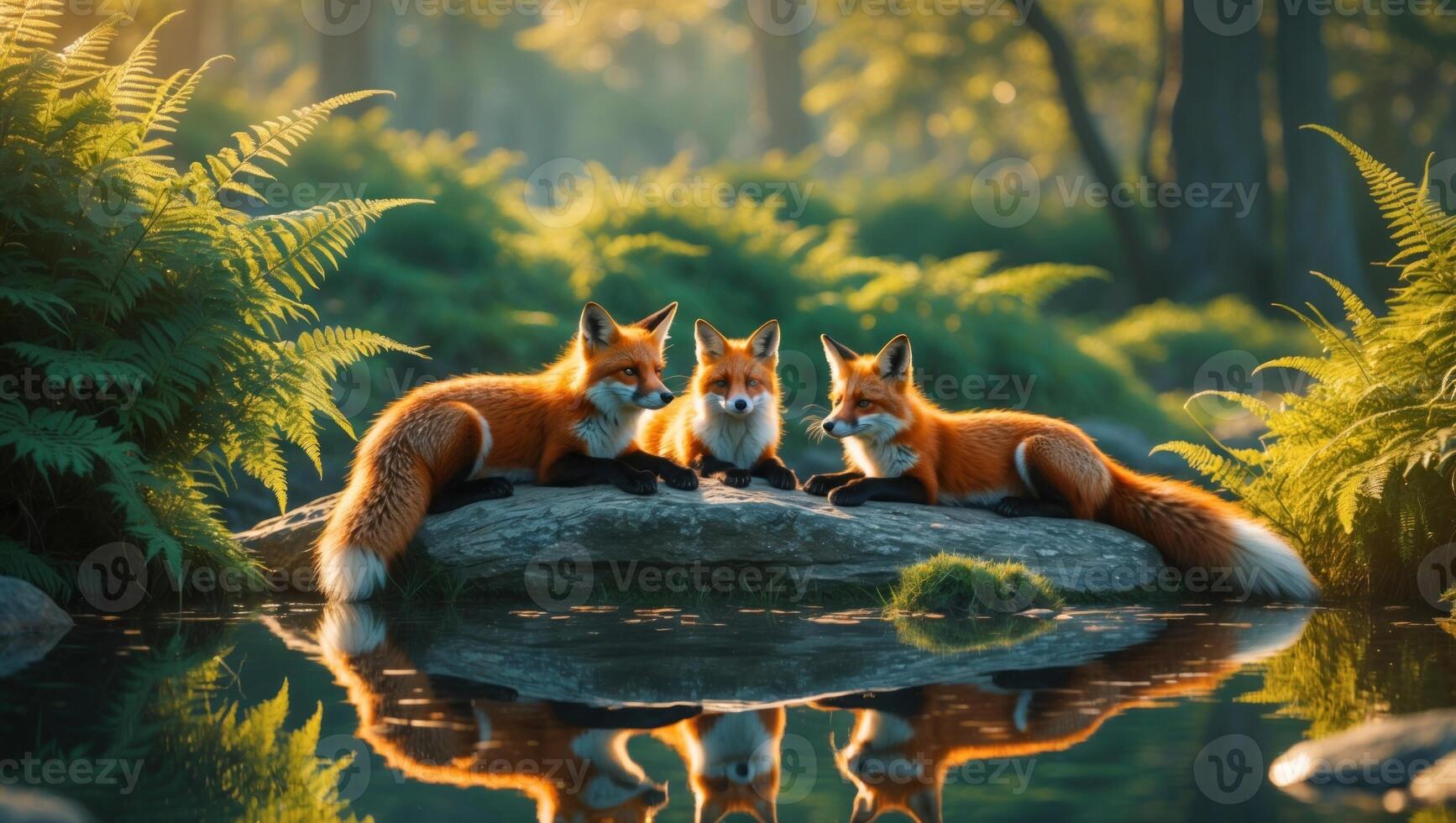 Three red foxes lounging by a serene pond surrounded by lush ferns in a tranquil forest setting photo