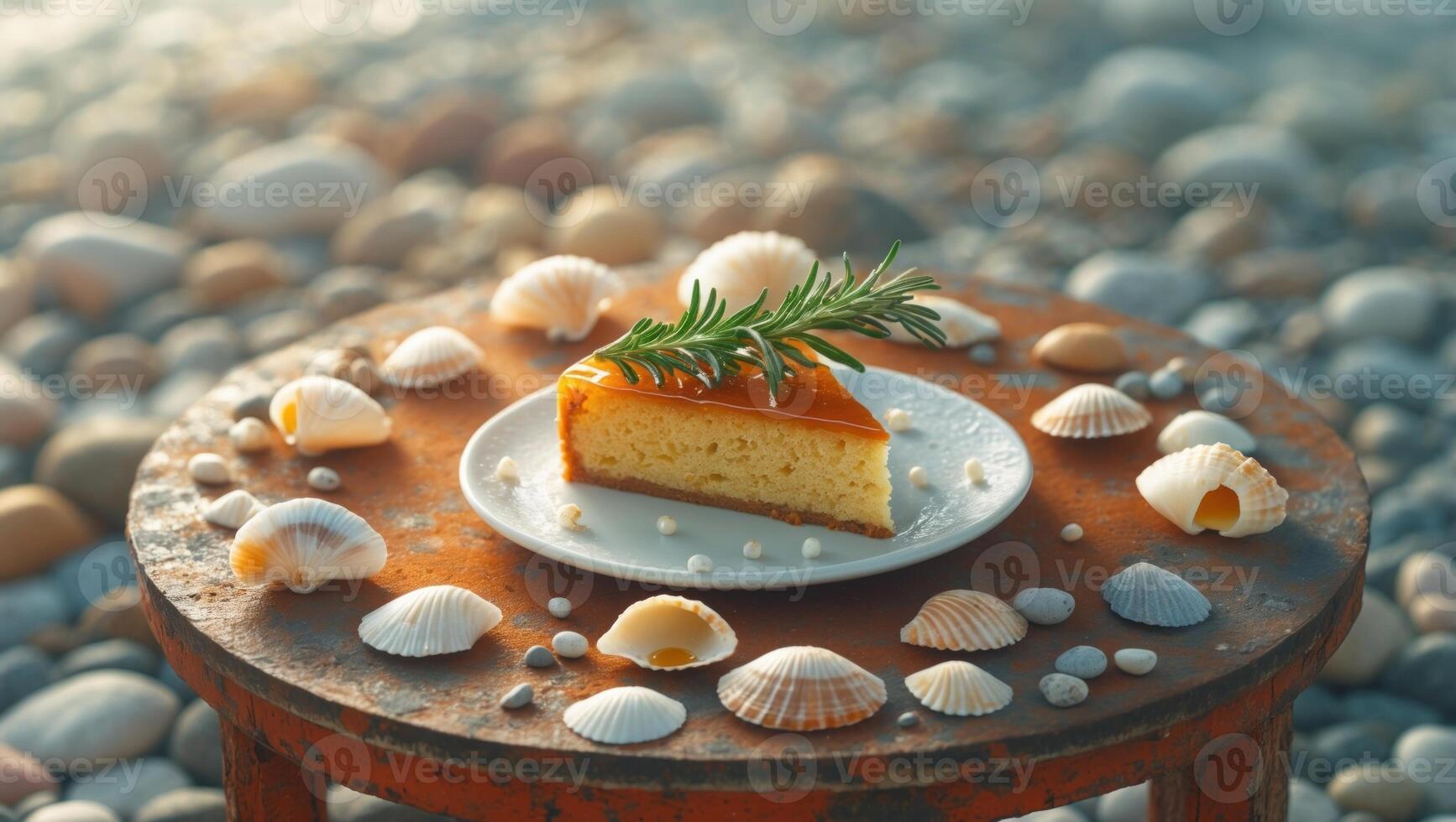 A beautifully arranged slice of cake on a rustic table surrounded by seashells on a pebbled beach photo