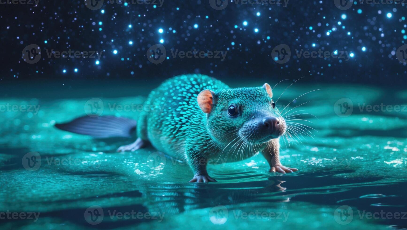 A vibrant, illuminated creature resembling a mongoose stands on a shimmering surface under a starry sky photo