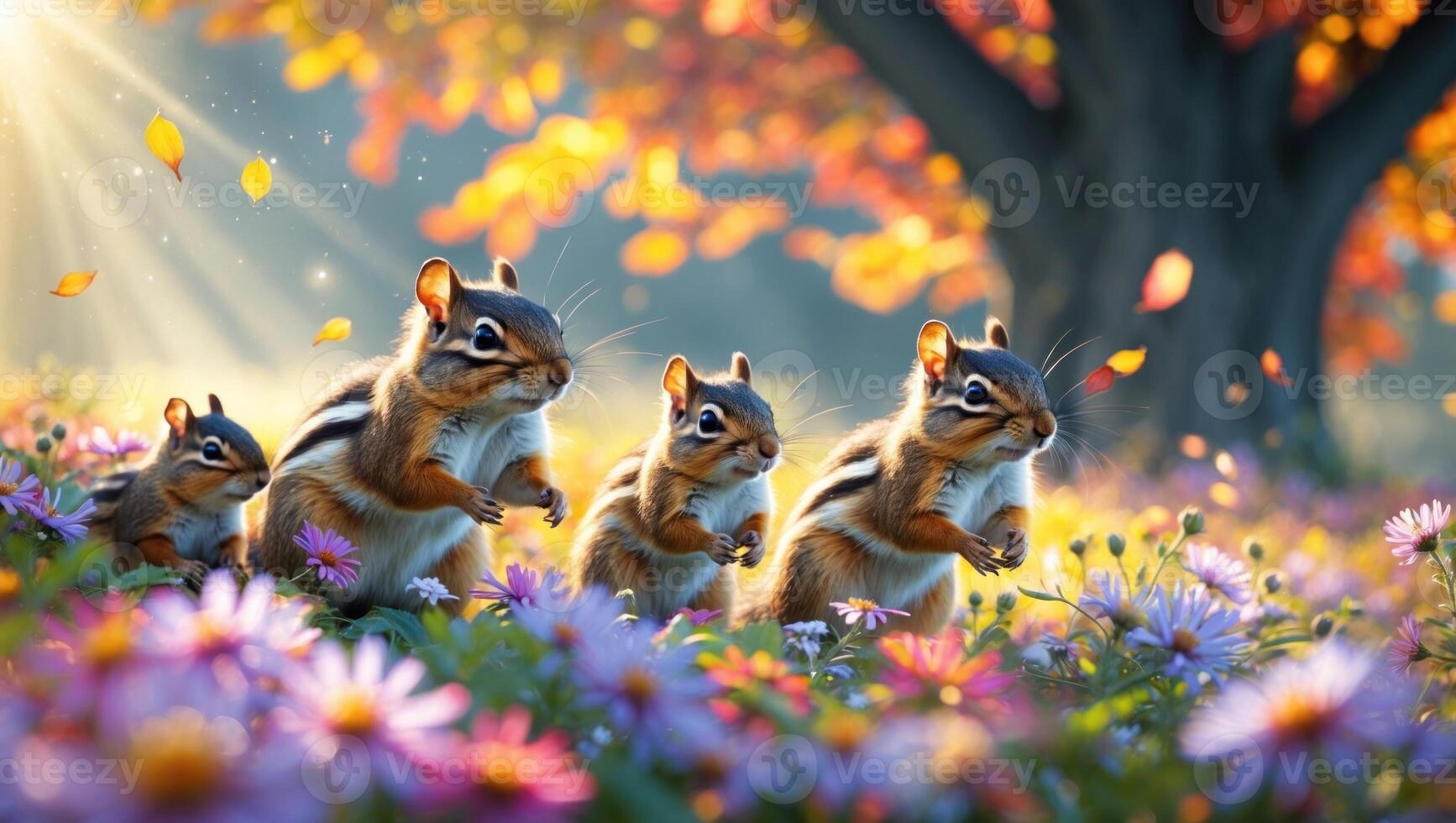 A charming line of four playful squirrels frolicking through a colorful flower meadow under autumn leaves photo