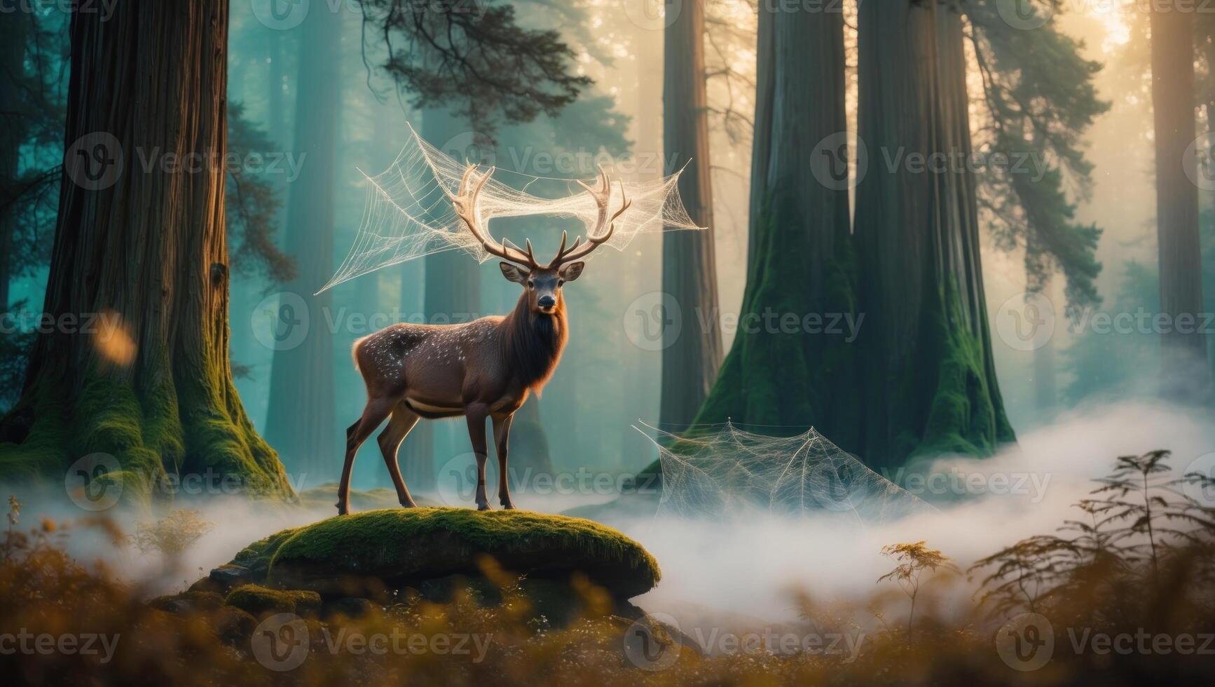 Majestic deer standing on a moss-covered rock in a misty forest with spider webs and towering trees photo