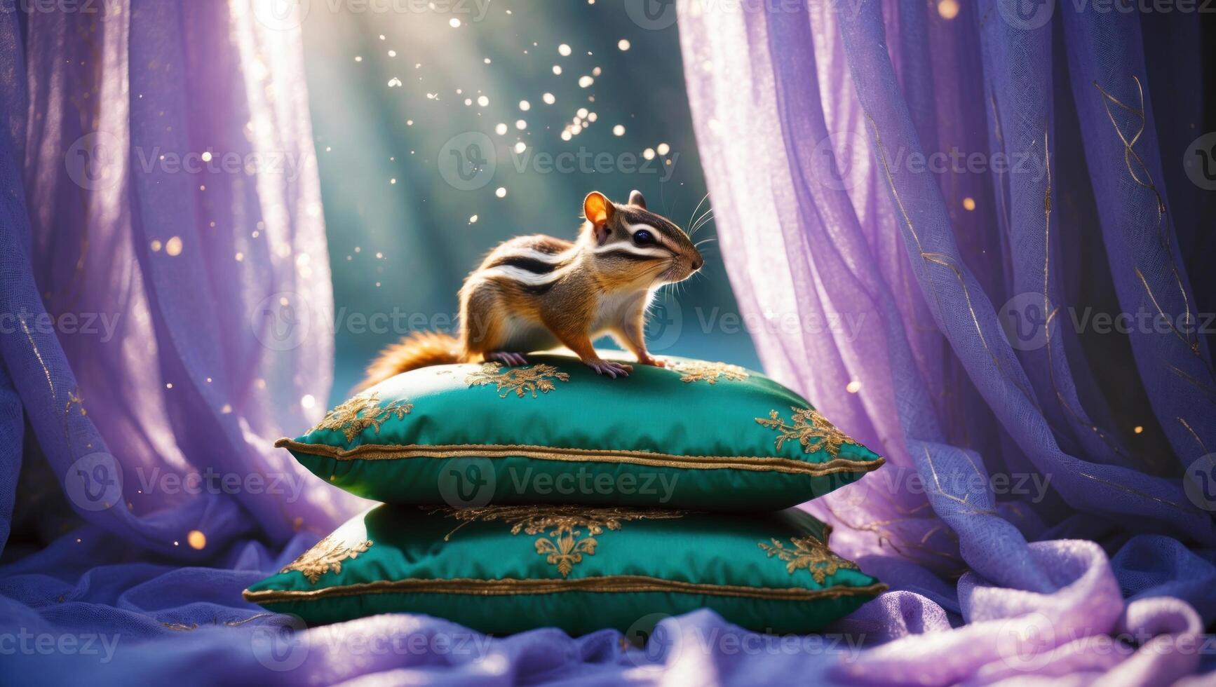 A chipmunk perched on vibrant pillows in a mystical setting with soft light and sparkling dust photo