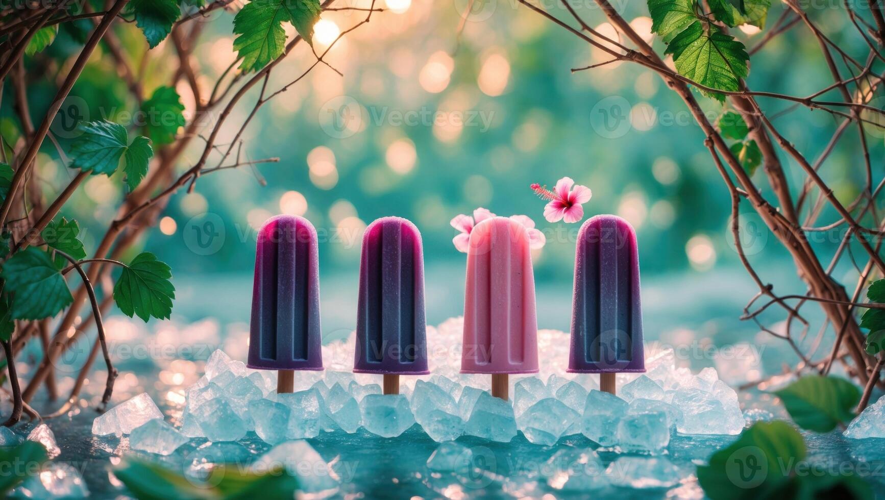 Colorful popsicles arranged on ice surrounded by greenery, evoking a refreshing summer vibe photo