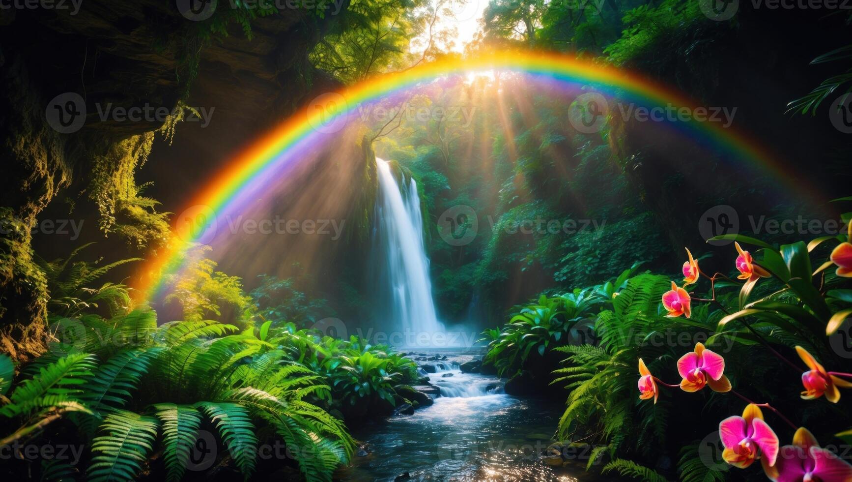 Majestic waterfall cascading into a serene jungle pool, vibrant rainbow arching overhead, lush flora photo