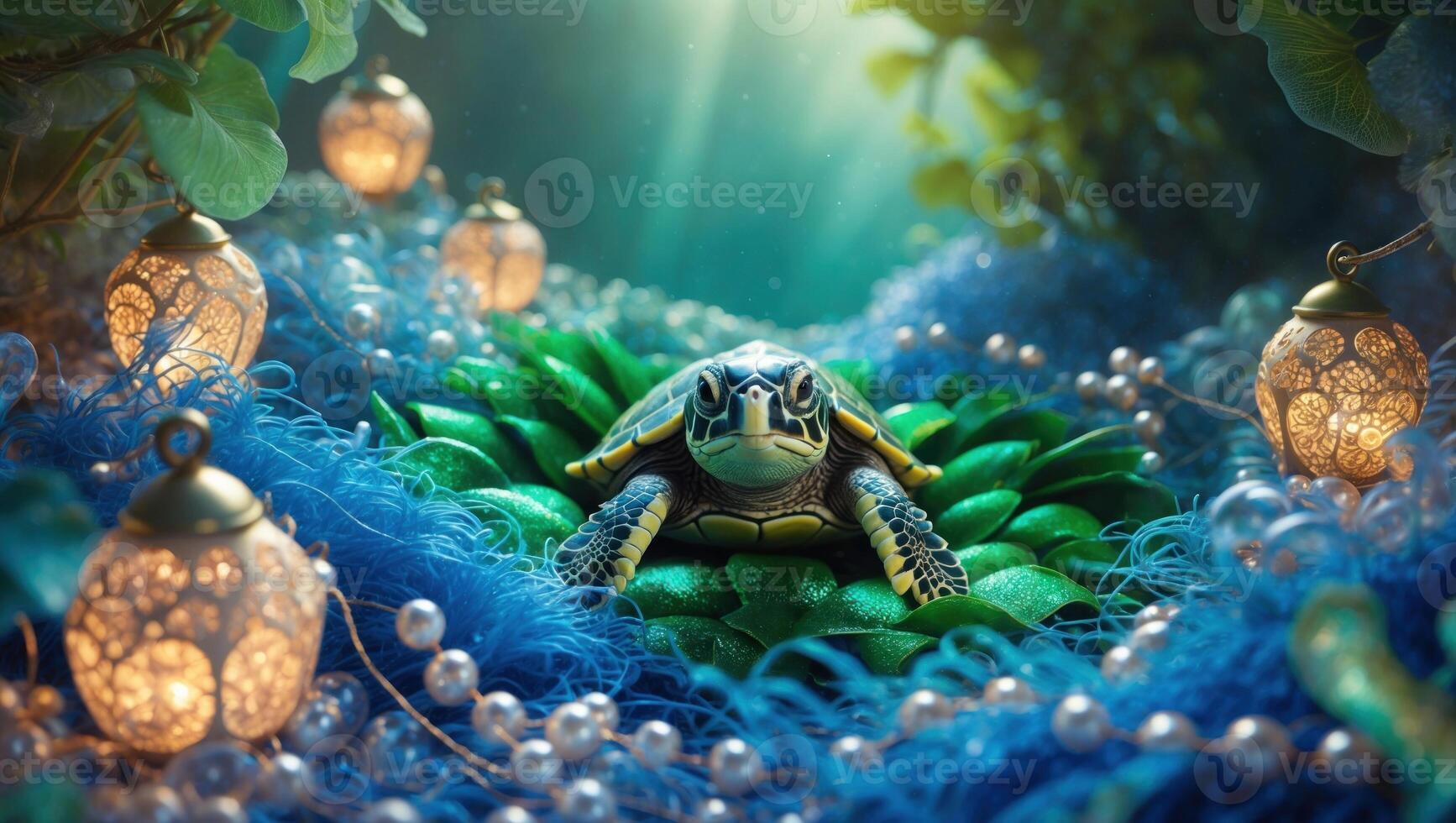 A serene underwater scene featuring a turtle resting on vibrant green leaves surrounded by glowing lanterns photo