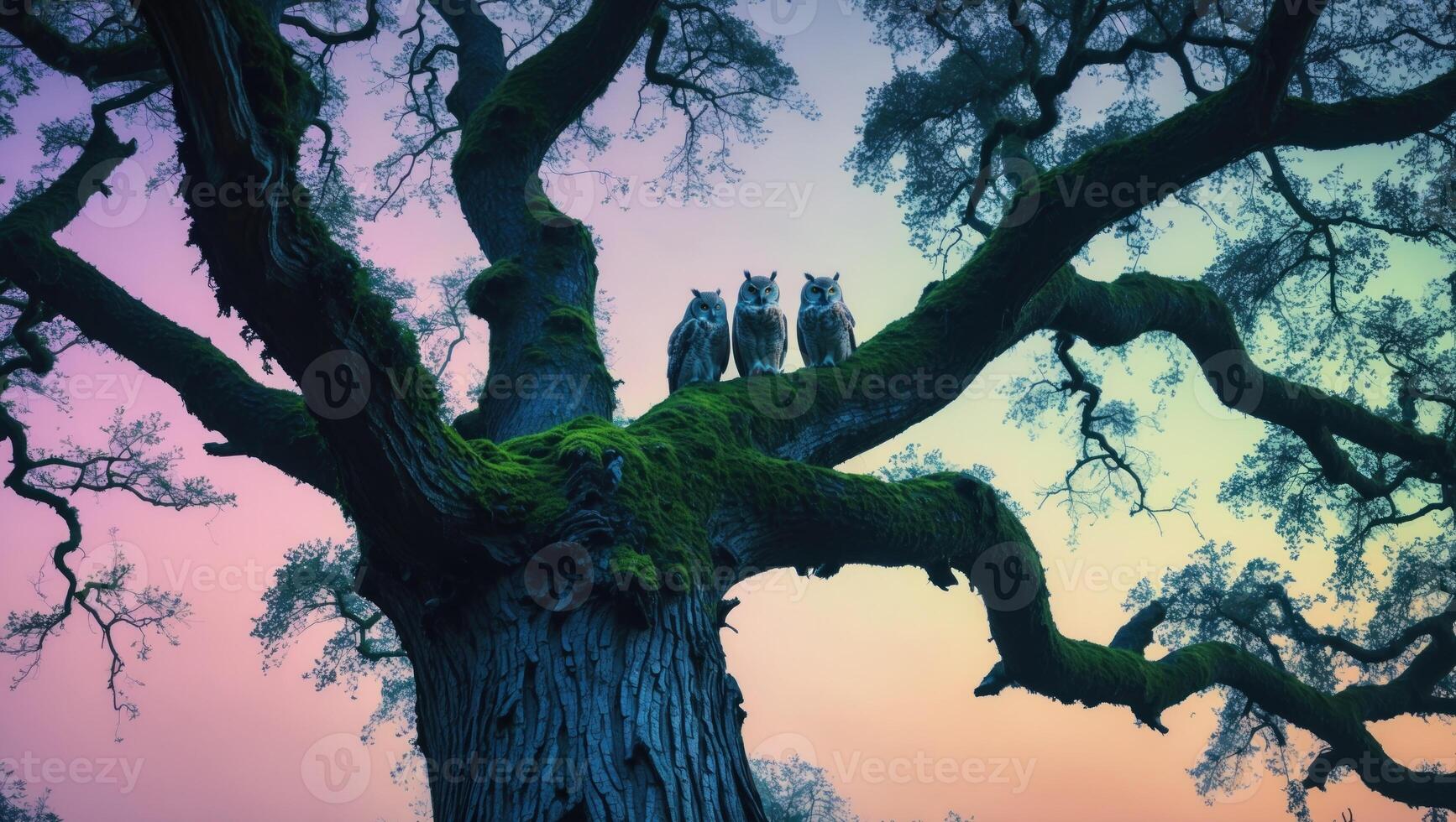 Three owls perched on a moss-covered tree branch at sunset, with vibrant colors in the background photo