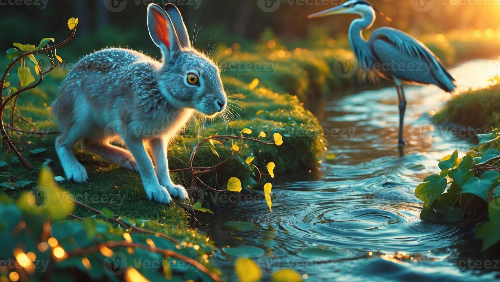A serene scene depicting a rabbit near a stream with a heron in the background during sunset photo
