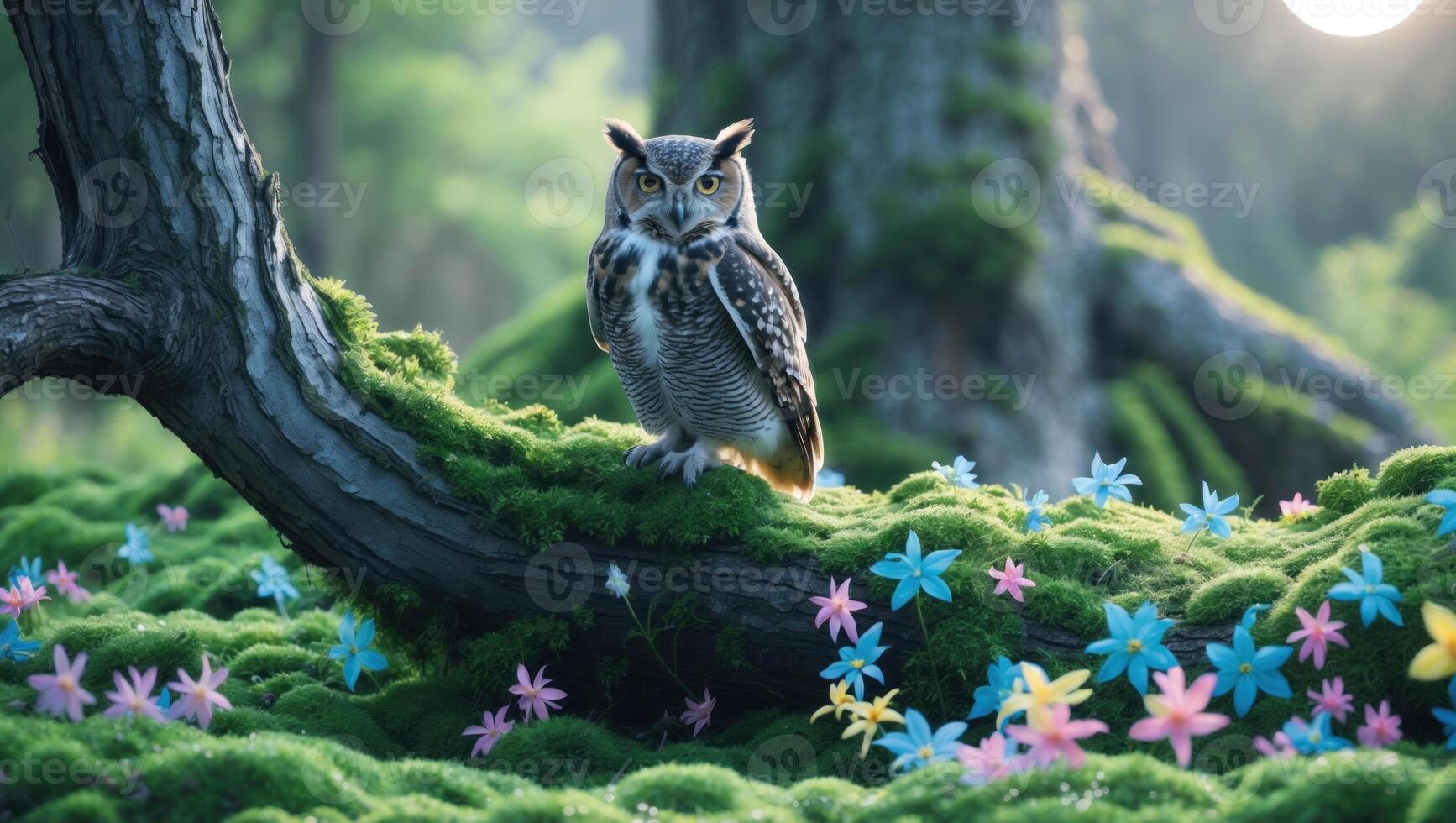 Majestic owl perched on a moss-covered tree trunk surrounded by vibrant flowers in a serene forest photo