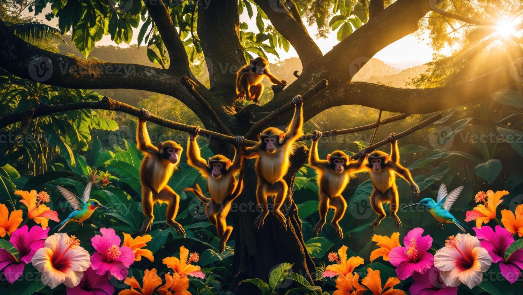 Playful monkeys swinging on tree branches surrounded by vibrant flowers and hummingbirds at sunset photo