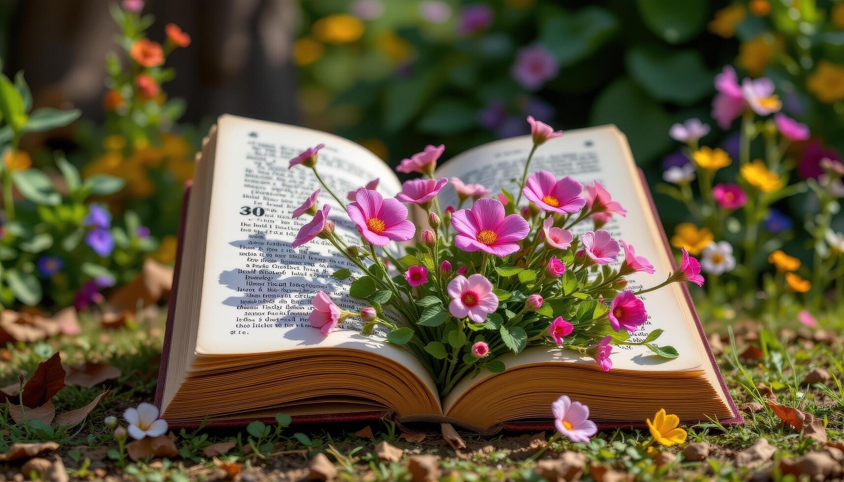 a giant open book with real flowers growing from between its pages. photo