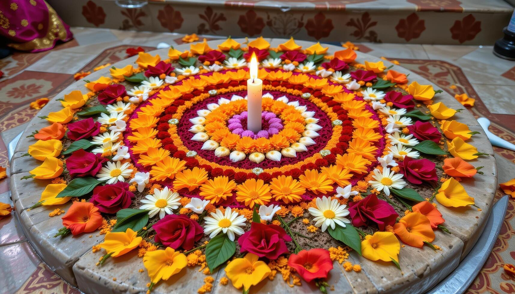 a decorative floral mandala created using thousands of petals meticulously arranged on temple stone. photo