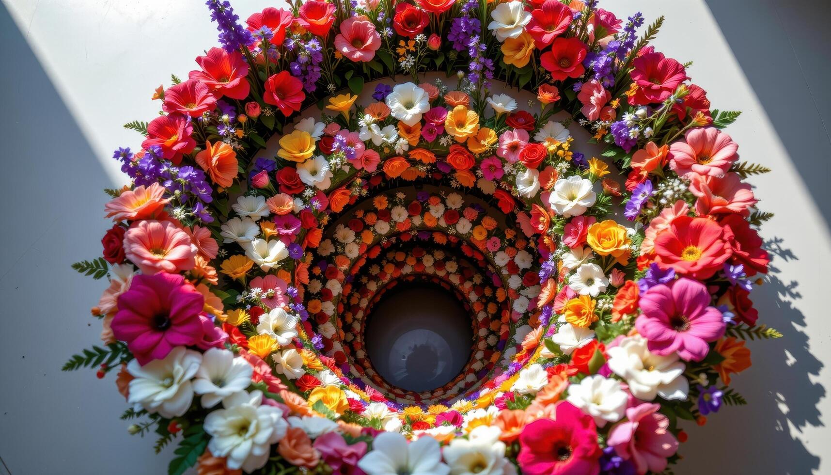 decorative flowers arranged like a spiral staircase viewed from above, with shadow play enhancing depth. photo