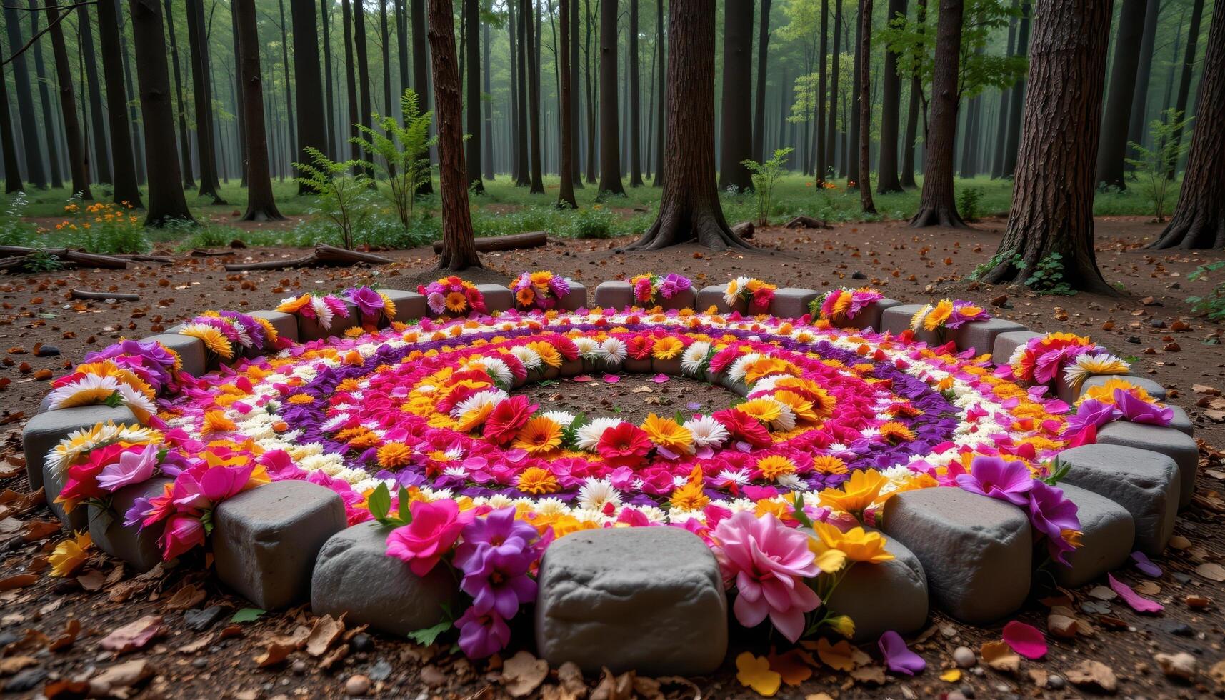 a circle of stones filled with dense flower arrangements like a ritual site in a forest. photo