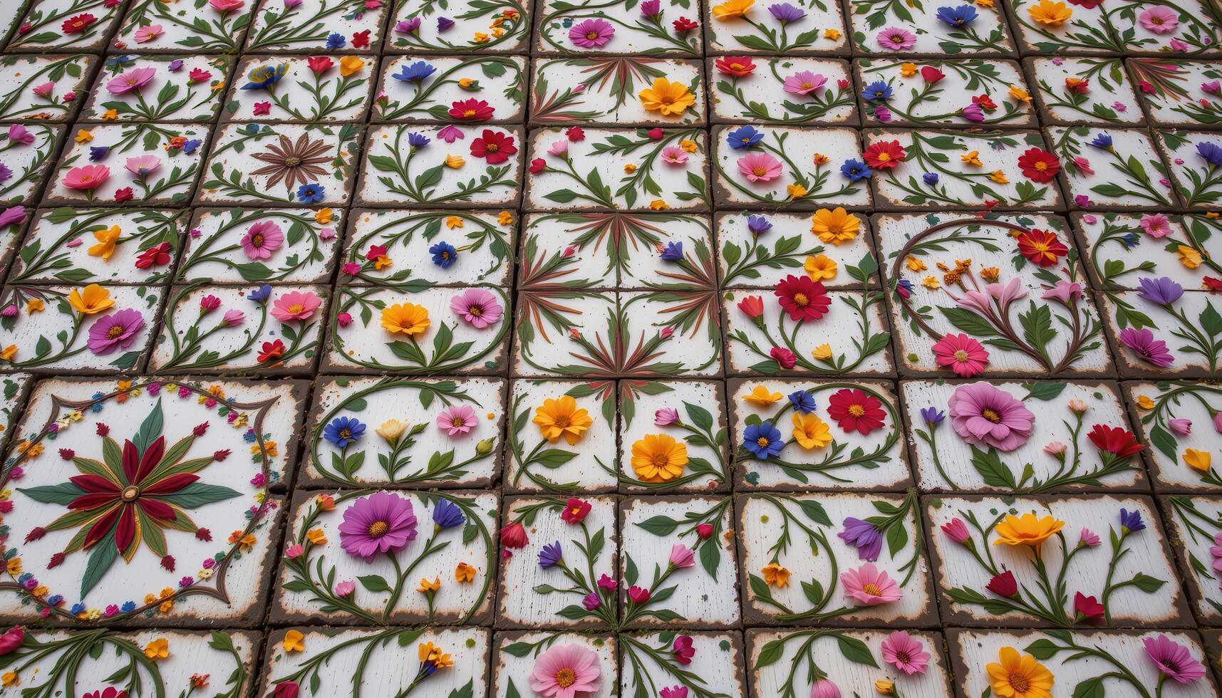 a path made entirely of floral tiles, each tile composed of pressed blooms arranged in patterns. photo