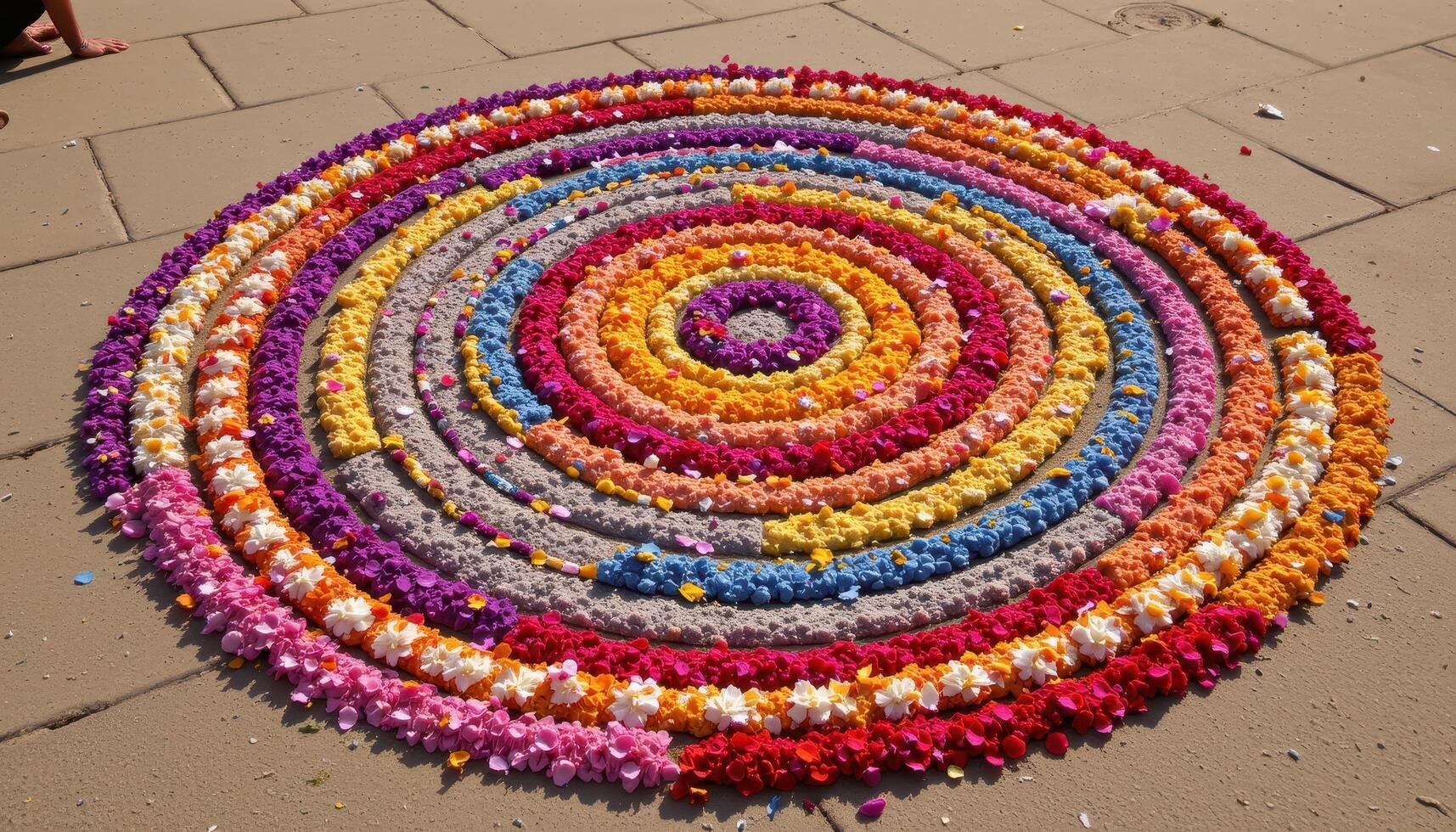 a labyrinth pattern made entirely from flower petals and colored sand. photo