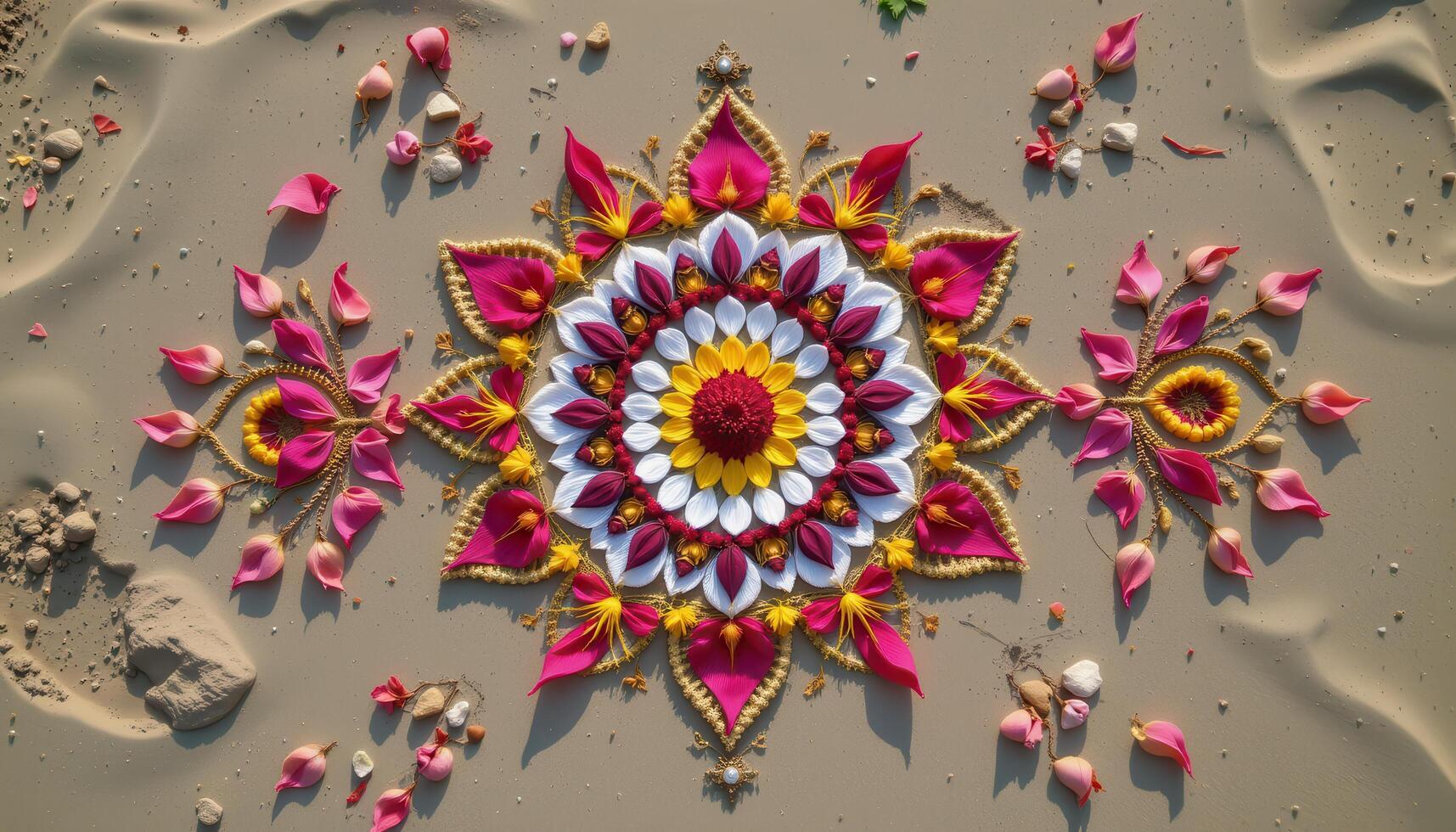 an overhead view of intricate floral mandalas made with petals, leaves, and small stones on a sandy surface. photo