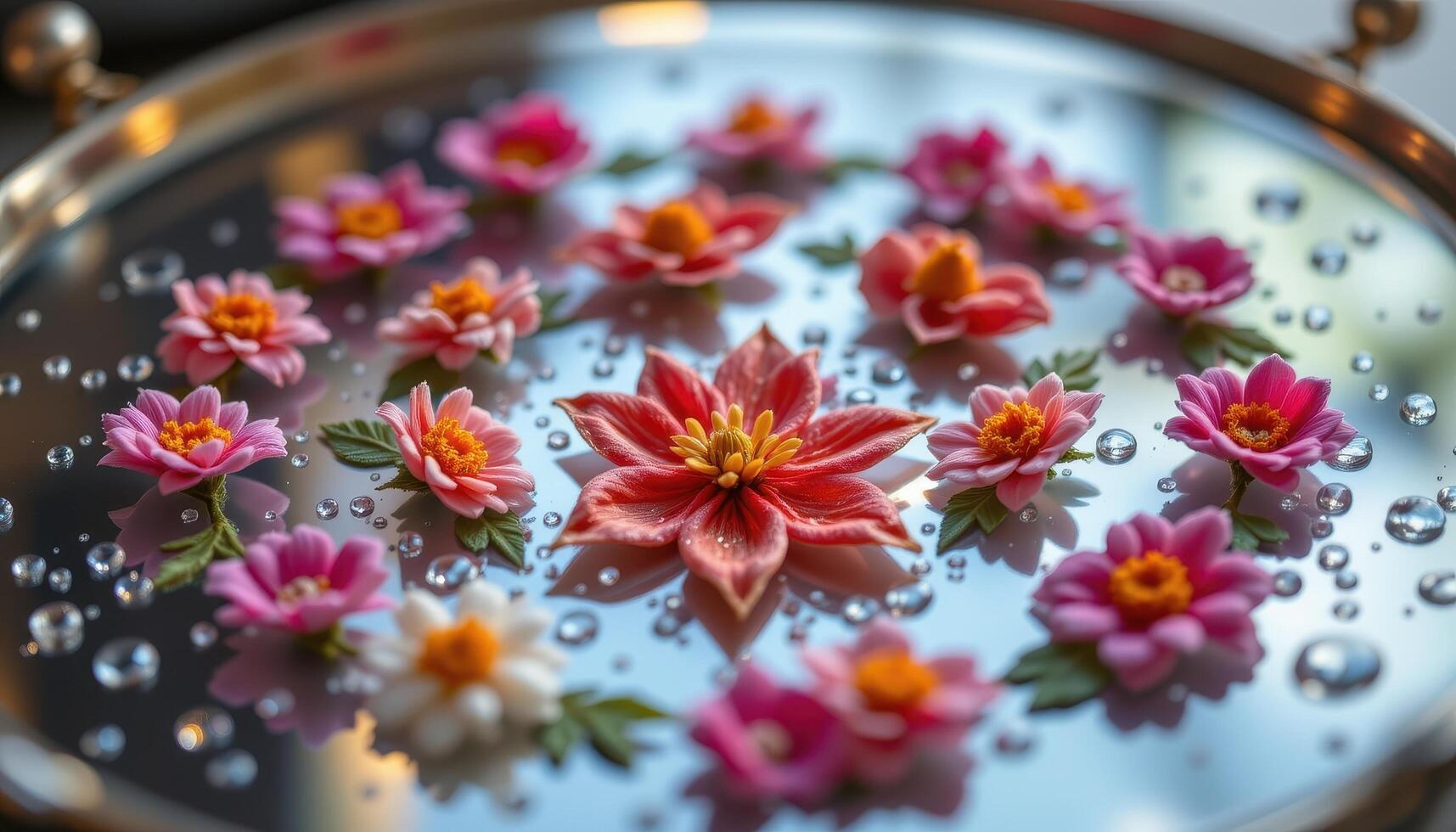 close up of dew covered ornamental flowers arranged in concentric circles over reflective glass with soft bokeh. photo