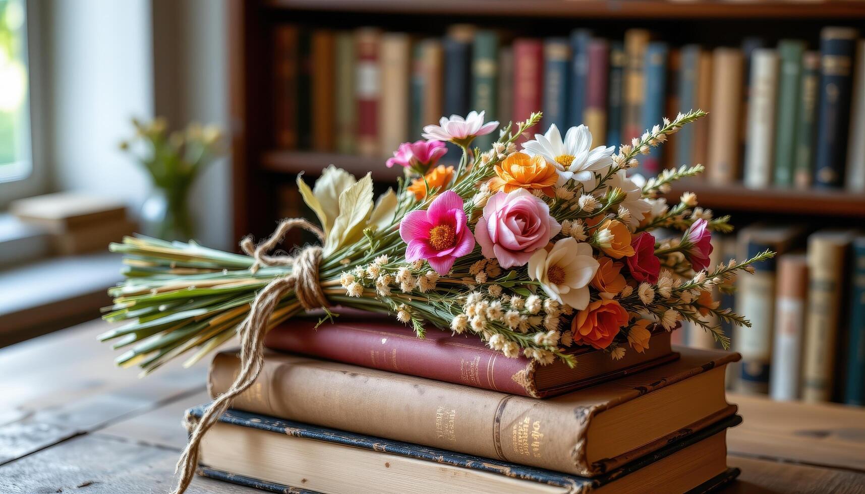 a bundle of dried decorative flowers tied with twine resting on a stack of old books in a quiet library corner. photo
