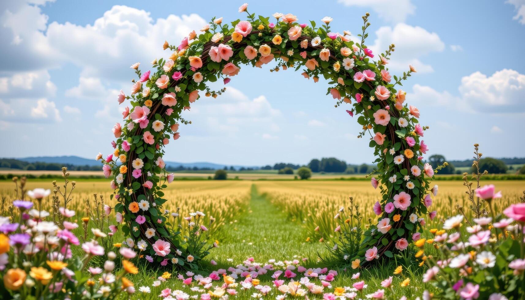 a flower covered archway made from twisting vines and pastel colored petals standing in the center of a tranquil open field. photo