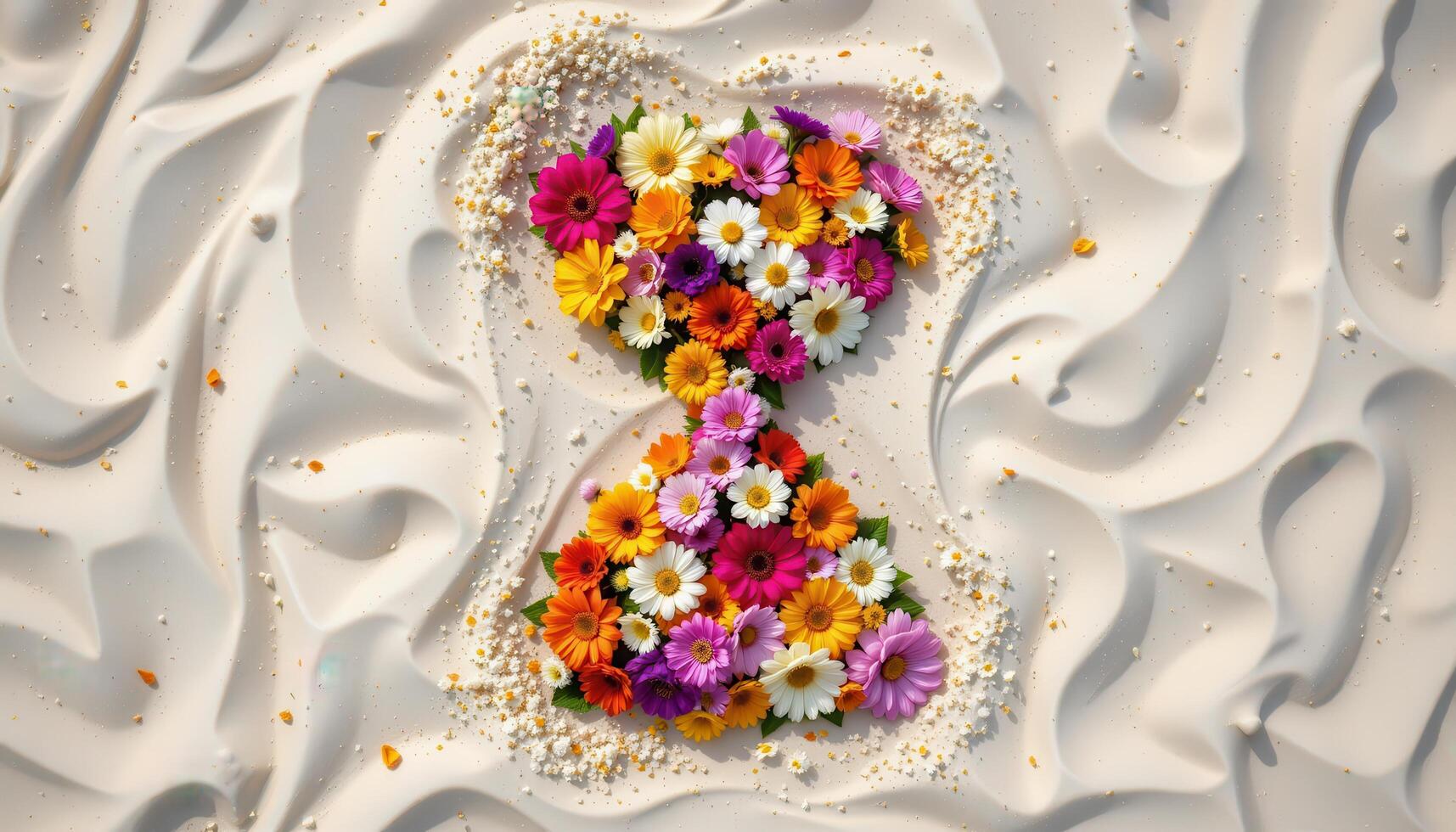 an overhead photo of flowers arranged like an hourglass on white sand.